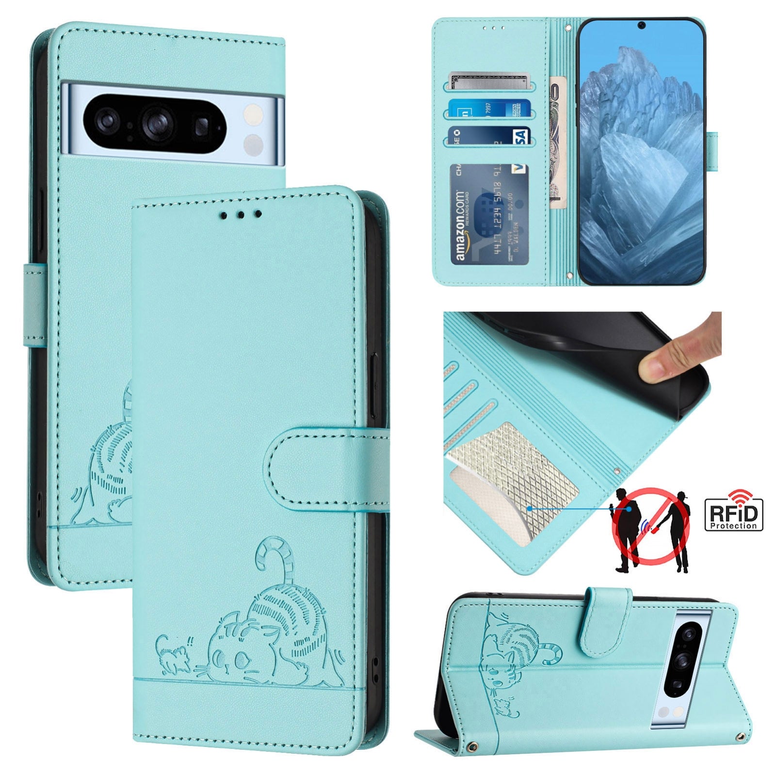Google Pixel 8 Pro Cat and Mouse Embossed PU Leather RFID Case with Wallet Slots, Anti-Fall Protection, Kickstand, and Lanyard-buycases.co.uk