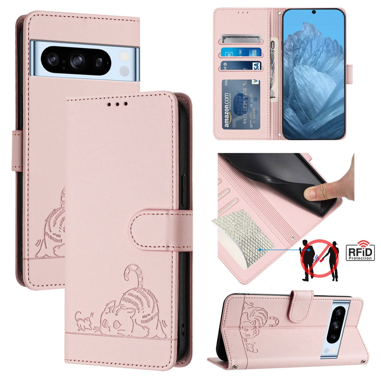 Google Pixel 8 Pro Cat and Mouse Embossed PU Leather RFID Case with Wallet Slots, Anti-Fall Protection, Kickstand, and Lanyard-buycases.co.uk