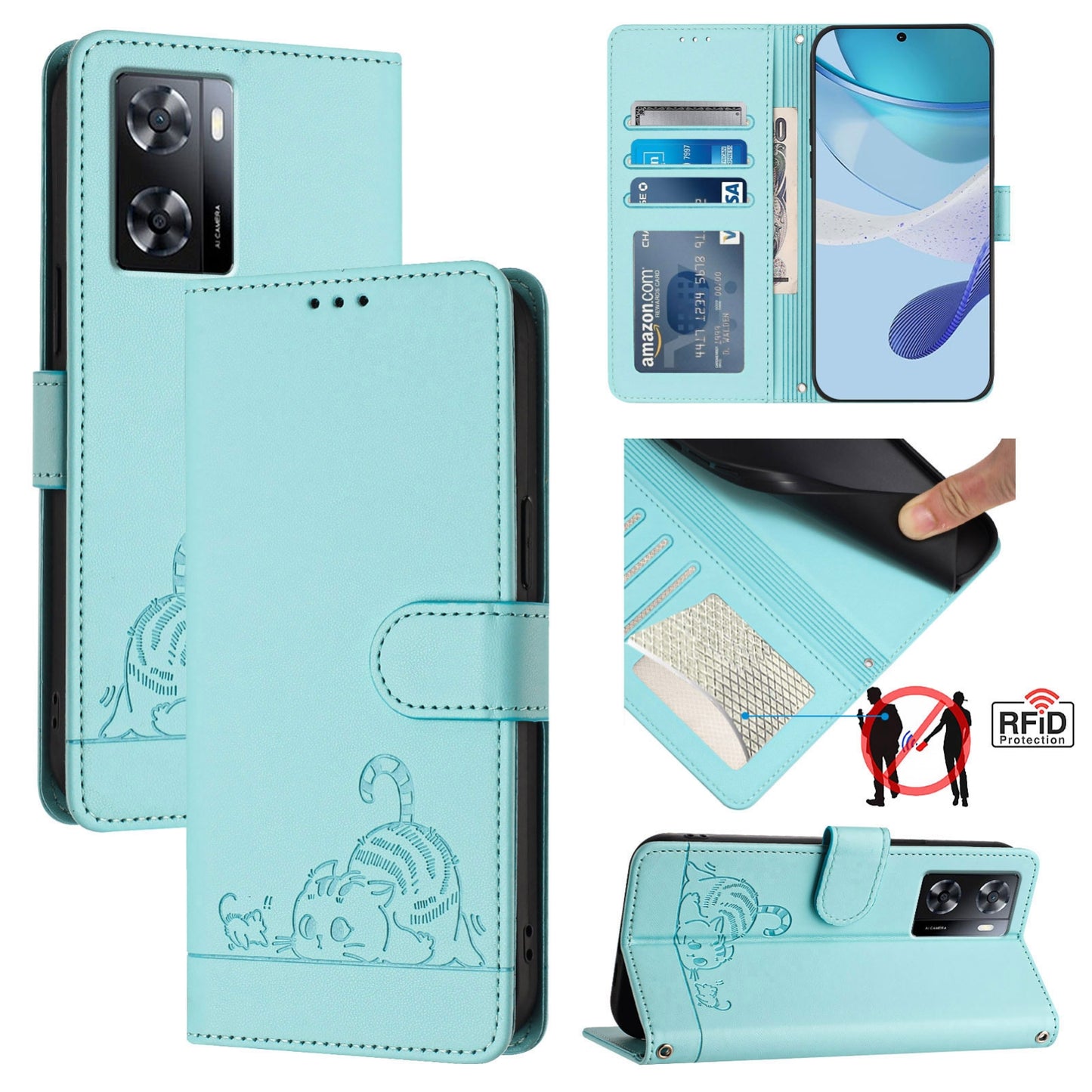 OPPO A77S 4G Cat and Mouse Embossed PU Leather RFID Case with Wallet Slots, Anti-Fall Protection, Kickstand, and Lanyard-buycases.co.uk