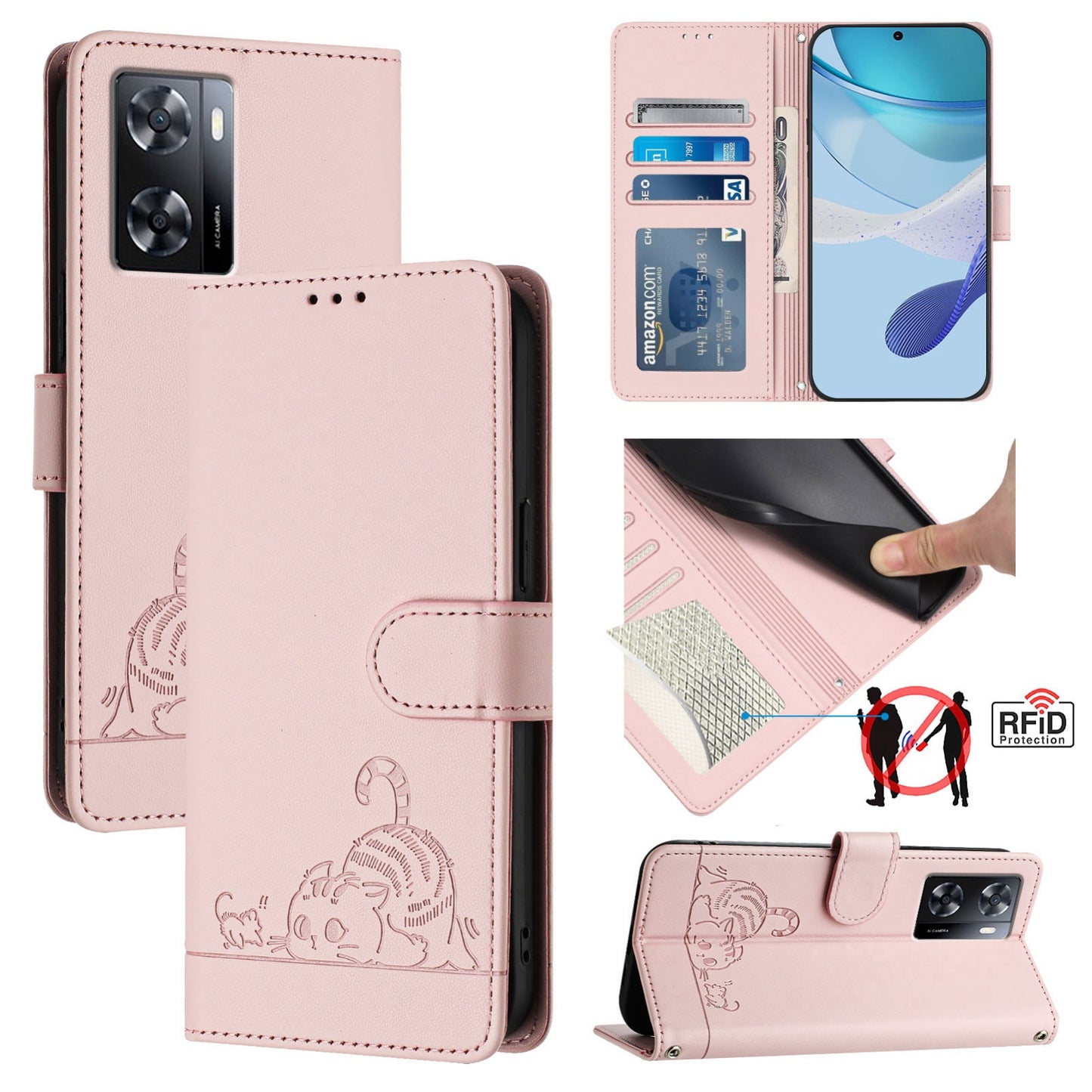 OPPO A77S 4G Cat and Mouse Embossed PU Leather RFID Case with Wallet Slots, Anti-Fall Protection, Kickstand, and Lanyard-buycases.co.uk