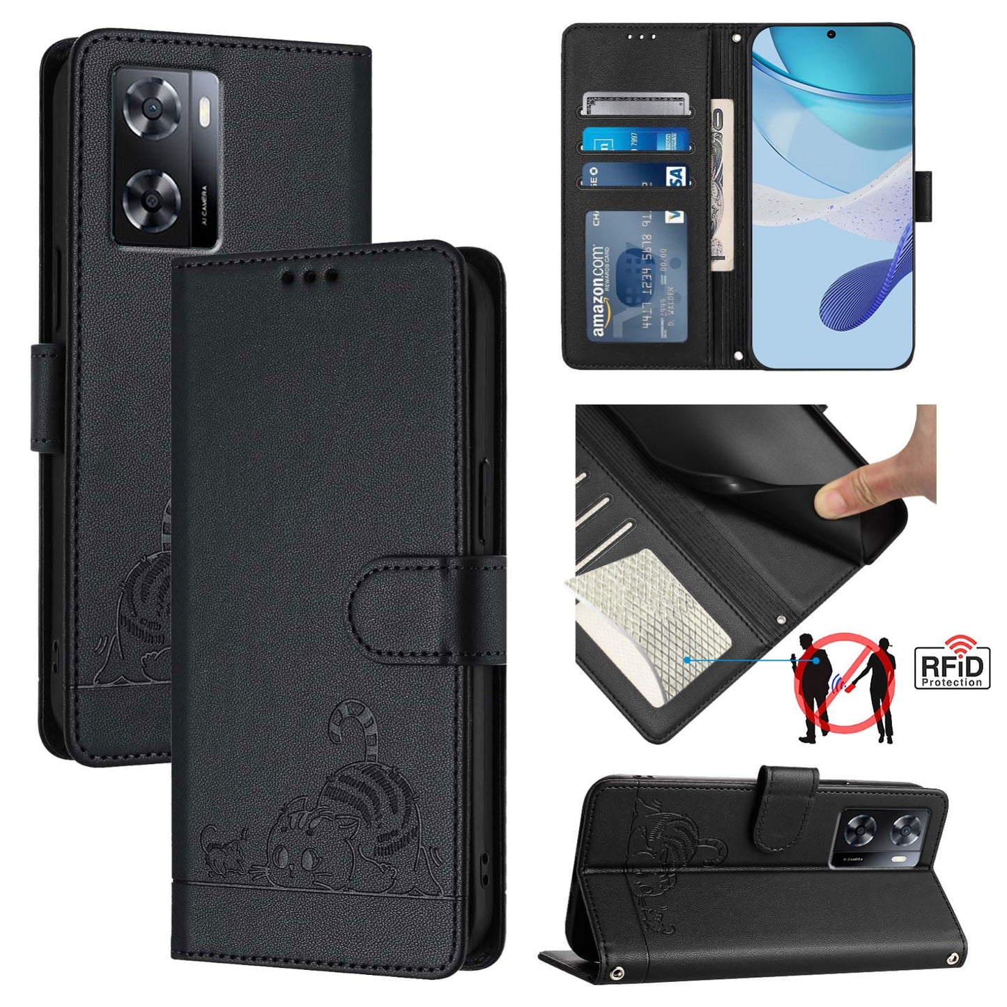 OPPO A77S 4G Cat and Mouse Embossed PU Leather RFID Case with Wallet Slots, Anti-Fall Protection, Kickstand, and Lanyard-buycases.co.uk