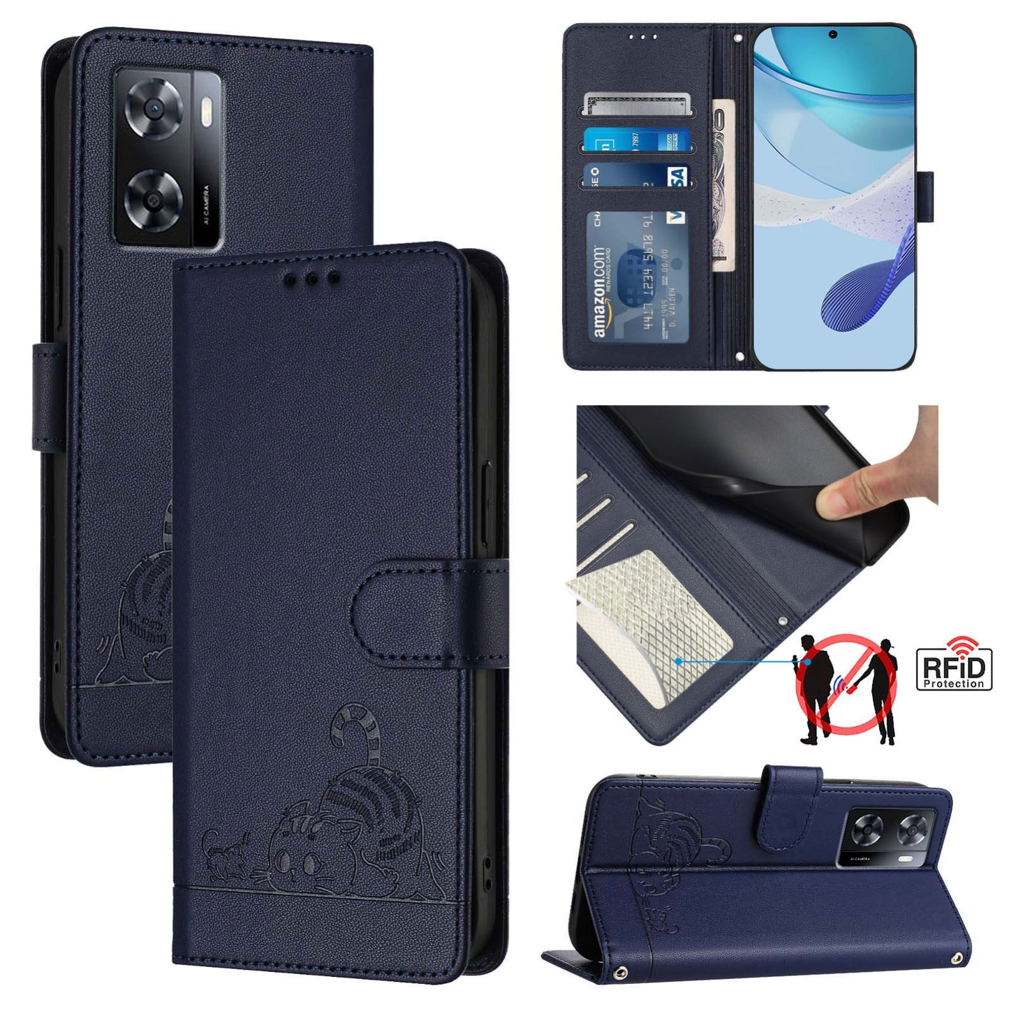 OPPO A77S 4G Cat and Mouse Embossed PU Leather RFID Case with Wallet Slots, Anti-Fall Protection, Kickstand, and Lanyard-buycases.co.uk