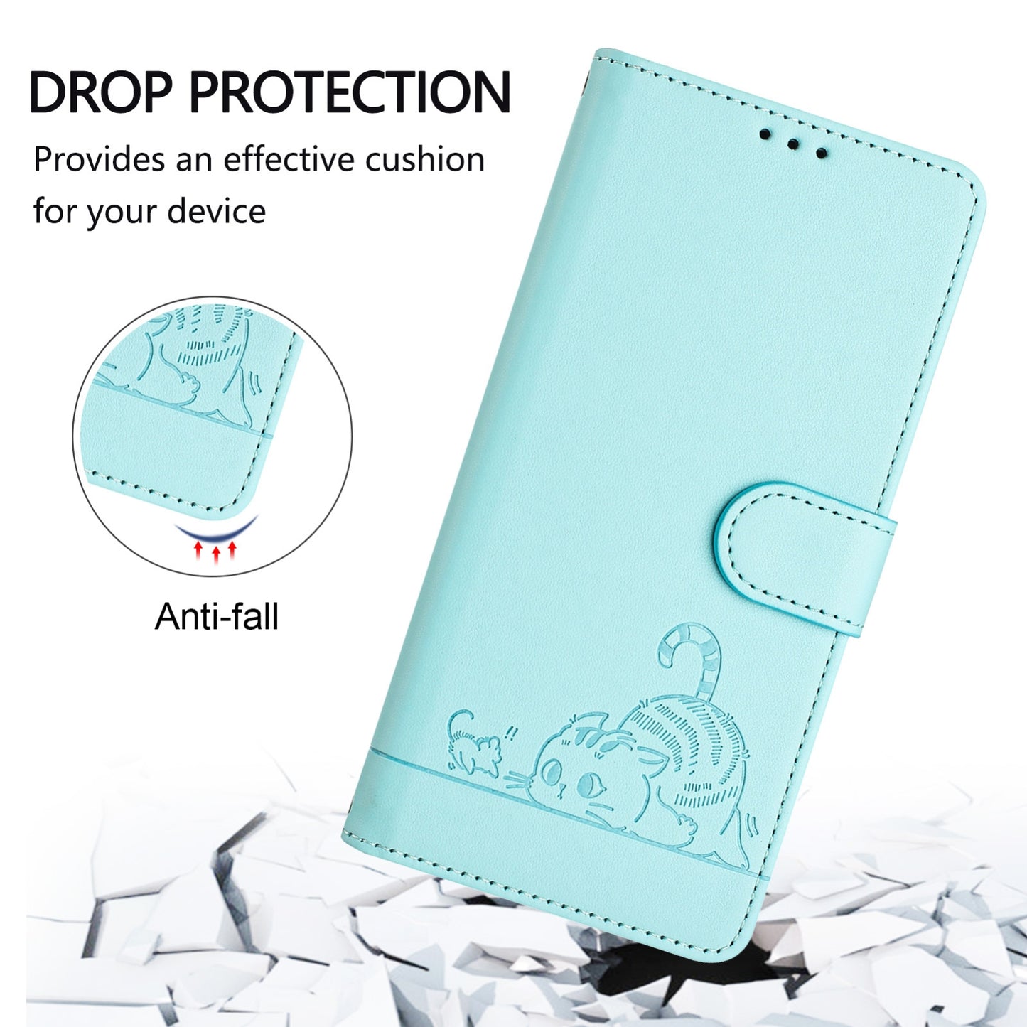 OPPO A77 5G Cat and Mouse Embossed PU Leather RFID Case with Wallet Slots, Anti-Fall Protection, Kickstand, and Lanyard-buycases.co.uk