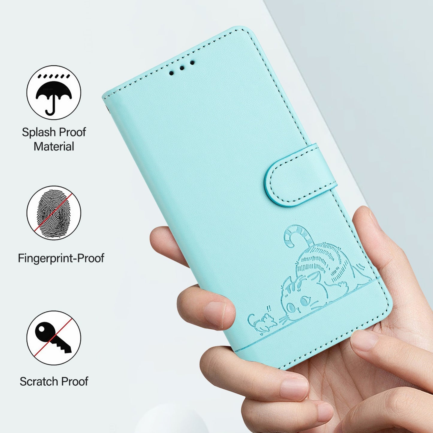 OPPO A77 5G Cat and Mouse Embossed PU Leather RFID Case with Wallet Slots, Anti-Fall Protection, Kickstand, and Lanyard-buycases.co.uk