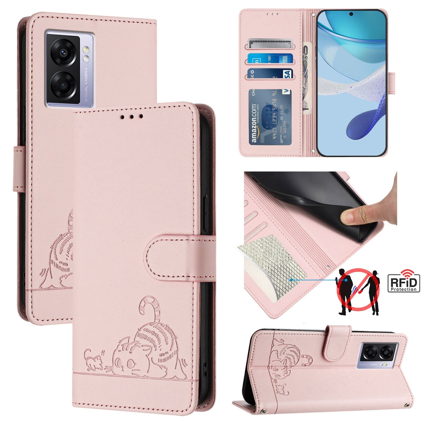 OPPO A77 5G Cat and Mouse Embossed PU Leather RFID Case with Wallet Slots, Anti-Fall Protection, Kickstand, and Lanyard-buycases.co.uk