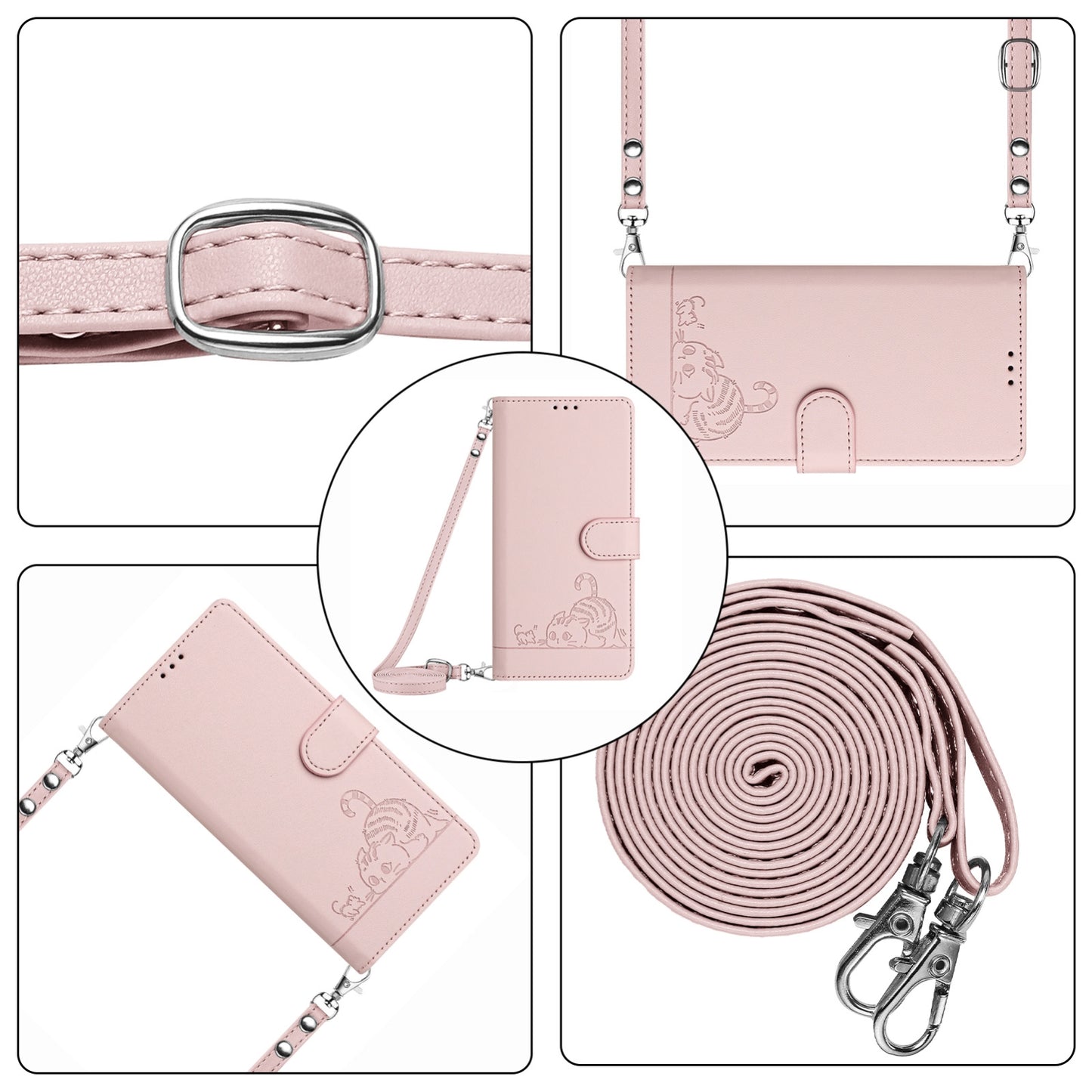 OPPO A77 5G Cat and Mouse Embossed PU Leather RFID Case with Wallet Slots, Anti-Fall Protection, Kickstand, and Lanyard-buycases.co.uk