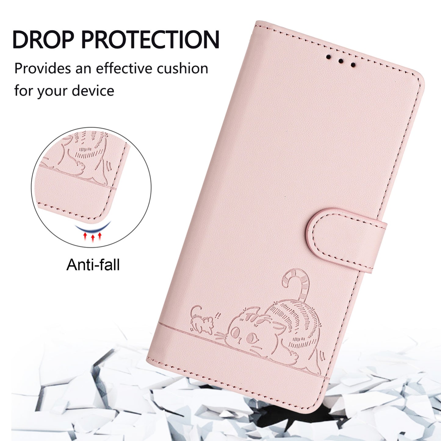 OPPO A77 5G Cat and Mouse Embossed PU Leather RFID Case with Wallet Slots, Anti-Fall Protection, Kickstand, and Lanyard-buycases.co.uk