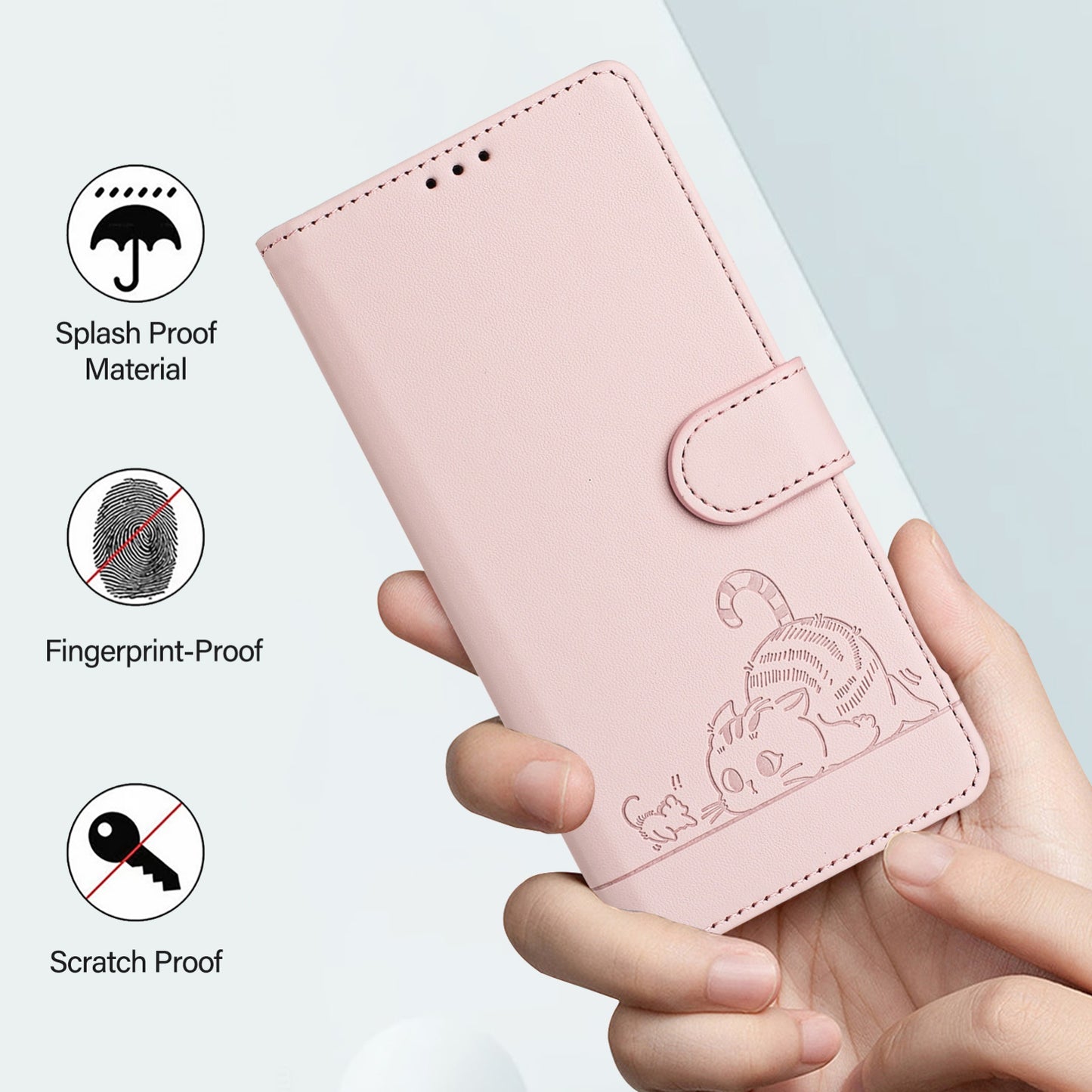 OPPO A77 5G Cat and Mouse Embossed PU Leather RFID Case with Wallet Slots, Anti-Fall Protection, Kickstand, and Lanyard-buycases.co.uk
