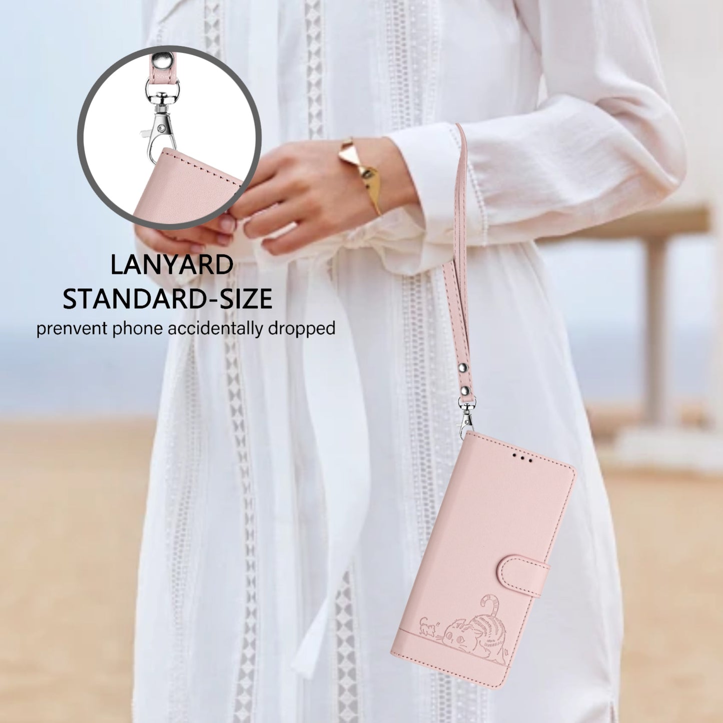OPPO A77 5G Cat and Mouse Embossed PU Leather RFID Case with Wallet Slots, Anti-Fall Protection, Kickstand, and Lanyard-buycases.co.uk