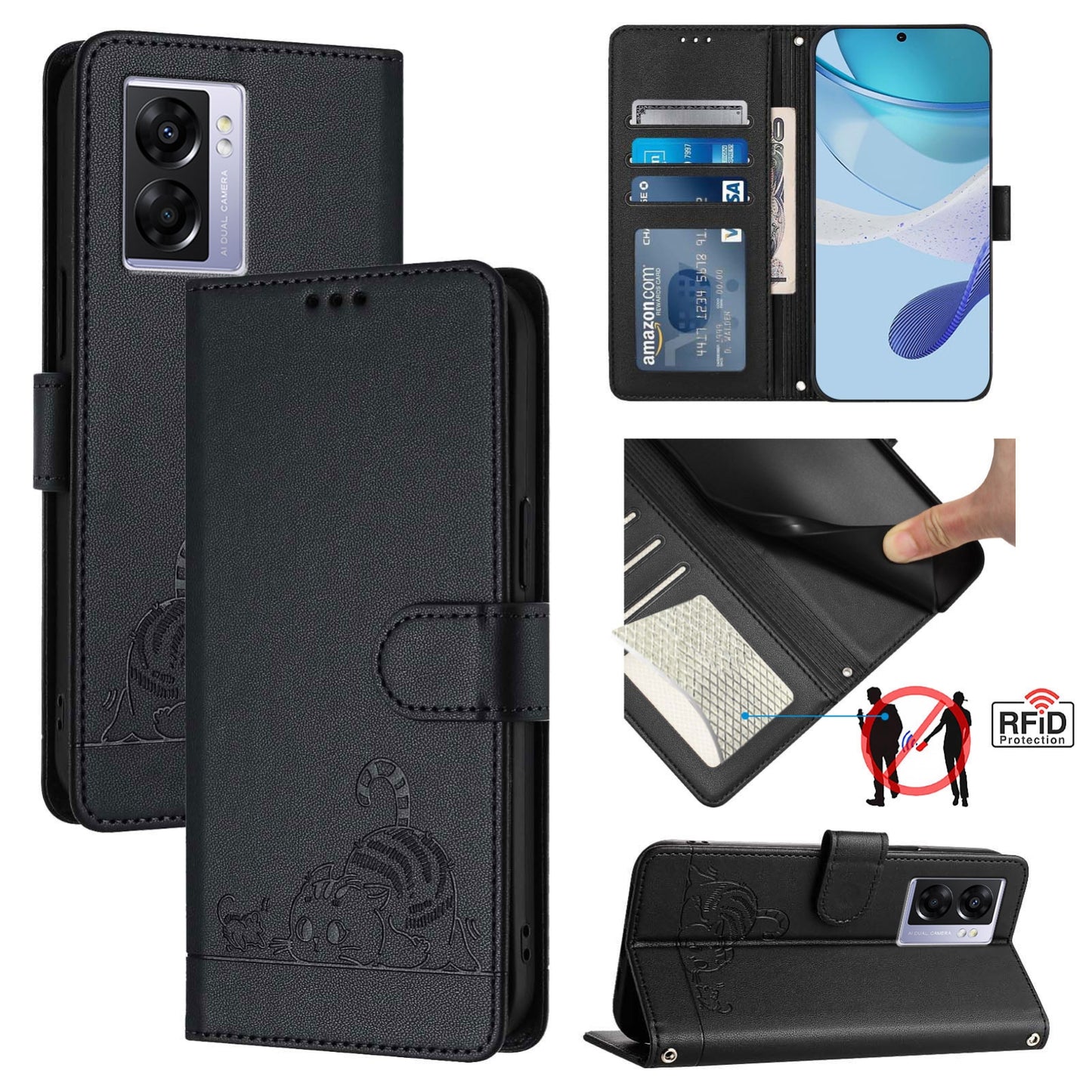 OPPO A77 5G Cat and Mouse Embossed PU Leather RFID Case with Wallet Slots, Anti-Fall Protection, Kickstand, and Lanyard-buycases.co.uk