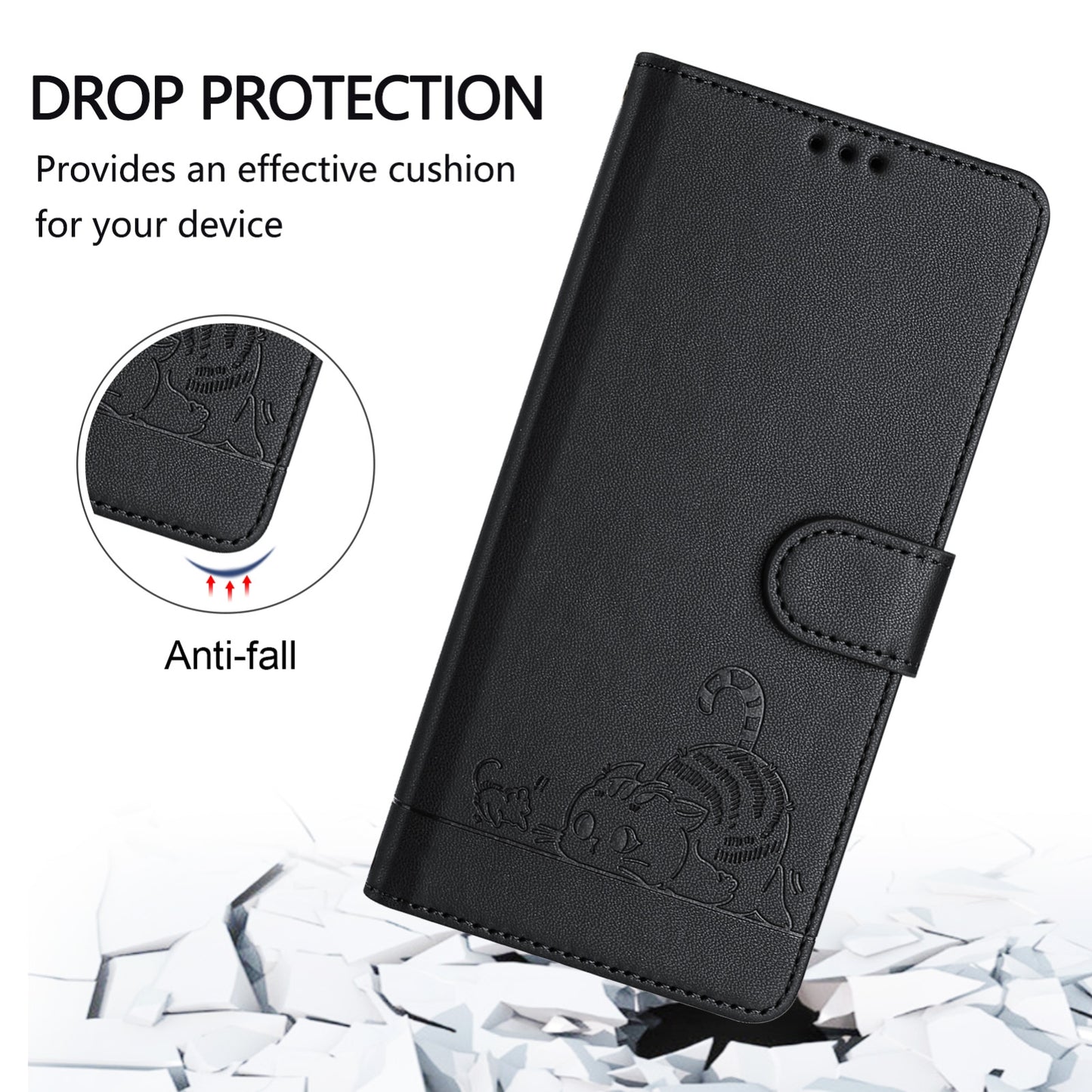 OPPO A77 5G Cat and Mouse Embossed PU Leather RFID Case with Wallet Slots, Anti-Fall Protection, Kickstand, and Lanyard-buycases.co.uk
