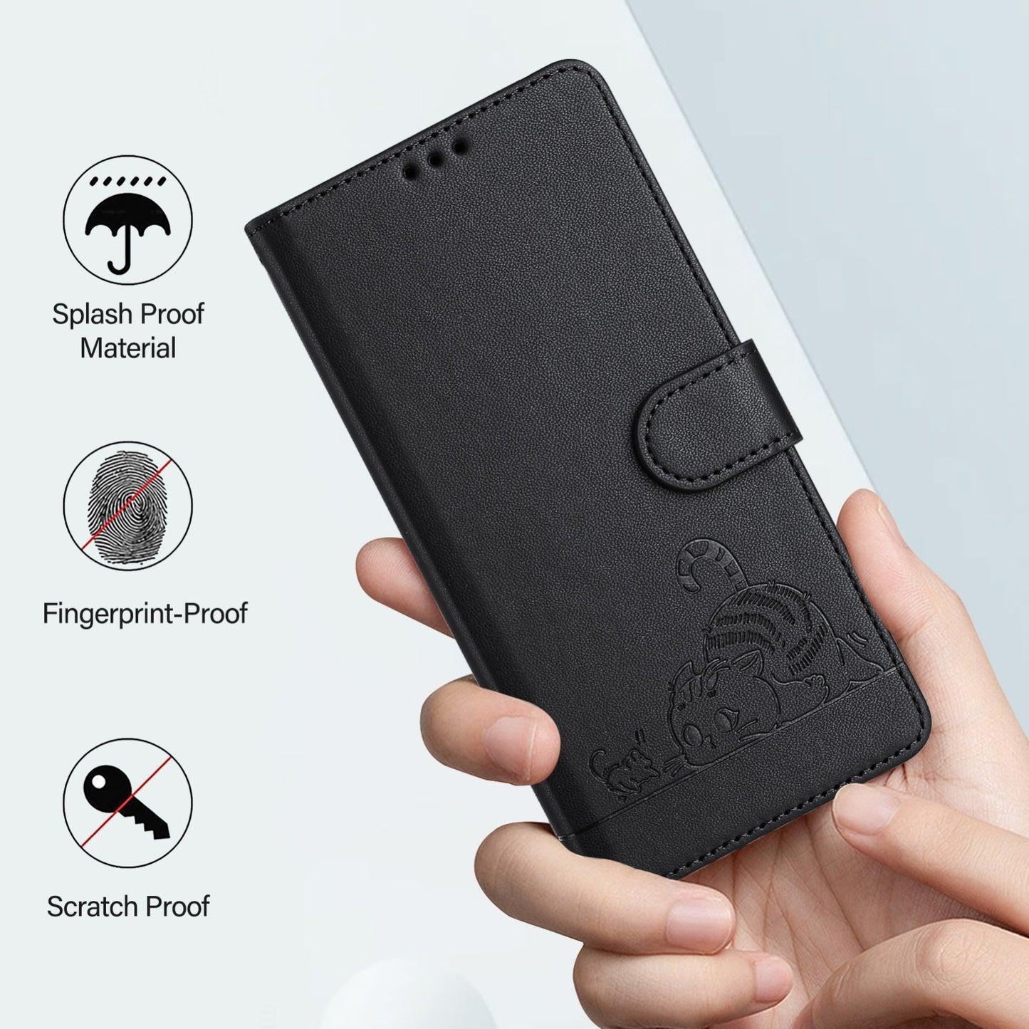 OPPO A77 5G Cat and Mouse Embossed PU Leather RFID Case with Wallet Slots, Anti-Fall Protection, Kickstand, and Lanyard-buycases.co.uk