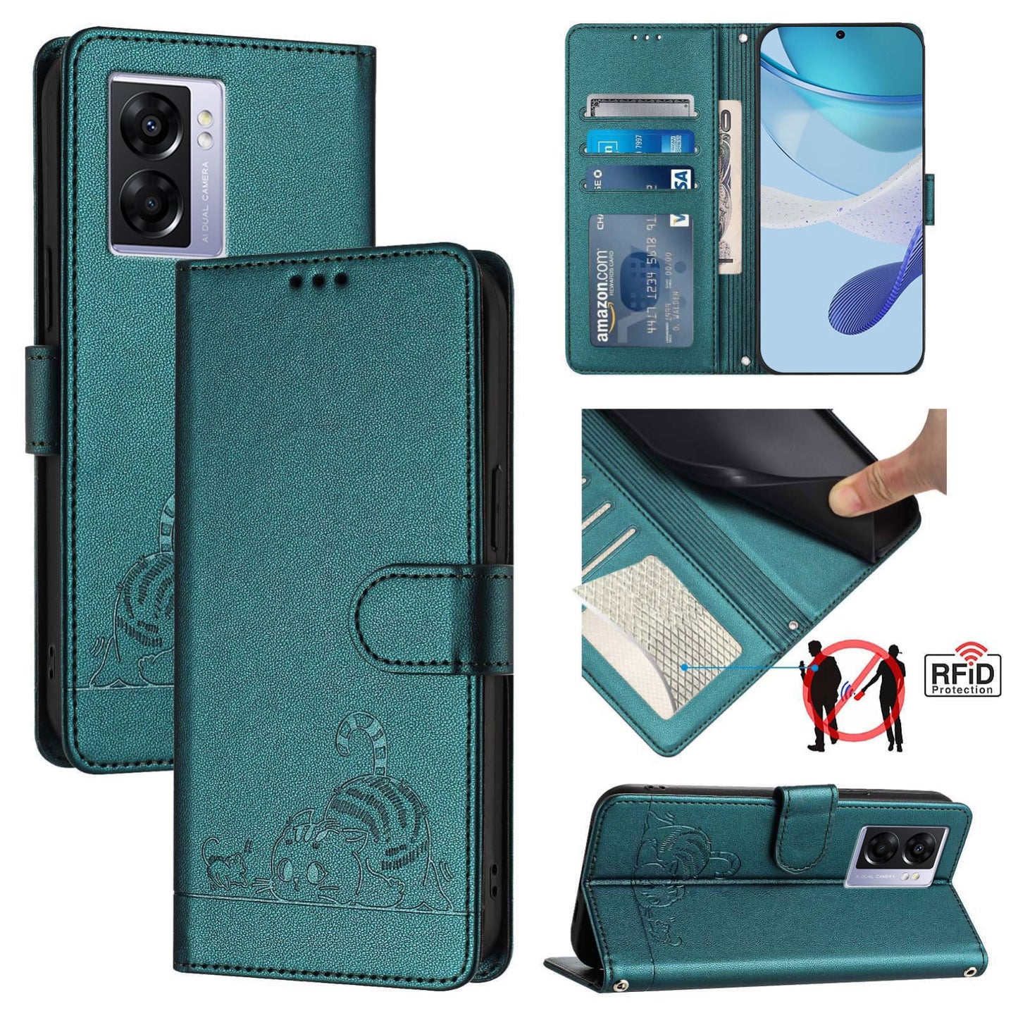 OPPO A77 5G Cat and Mouse Embossed PU Leather RFID Case with Wallet Slots, Anti-Fall Protection, Kickstand, and Lanyard-buycases.co.uk