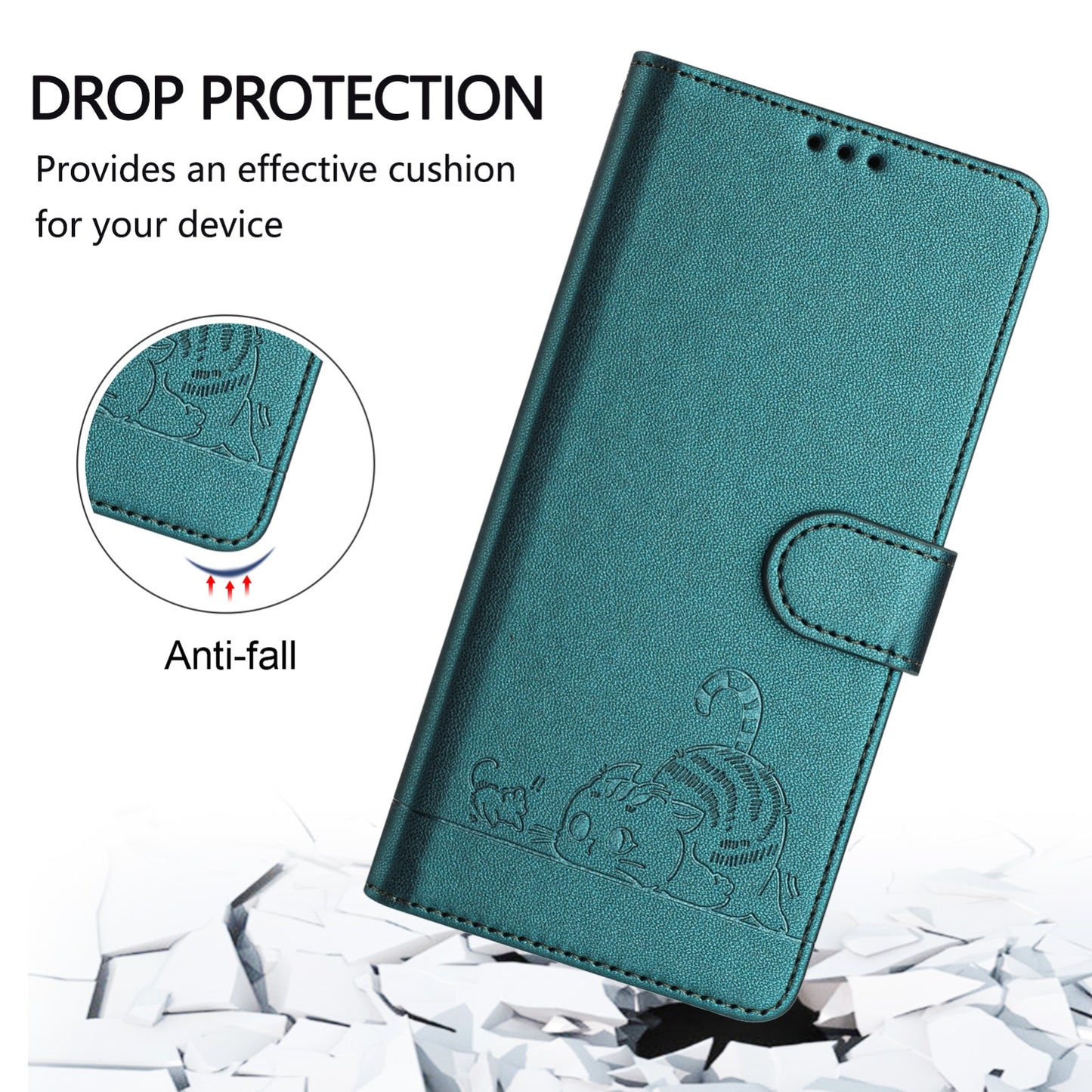 OPPO A77 5G Cat and Mouse Embossed PU Leather RFID Case with Wallet Slots, Anti-Fall Protection, Kickstand, and Lanyard-buycases.co.uk