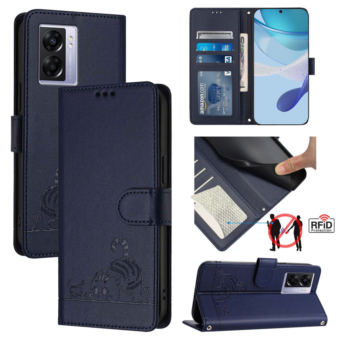 OPPO A77 5G Cat and Mouse Embossed PU Leather RFID Case with Wallet Slots, Anti-Fall Protection, Kickstand, and Lanyard-buycases.co.uk