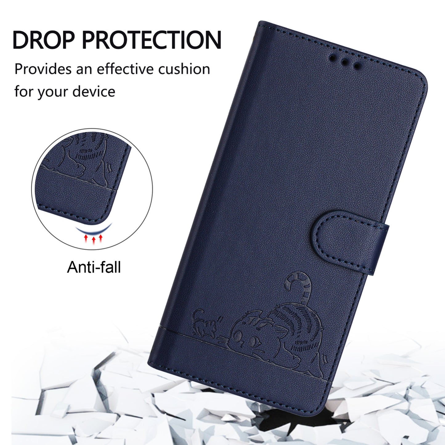 OPPO A77 5G Cat and Mouse Embossed PU Leather RFID Case with Wallet Slots, Anti-Fall Protection, Kickstand, and Lanyard-buycases.co.uk