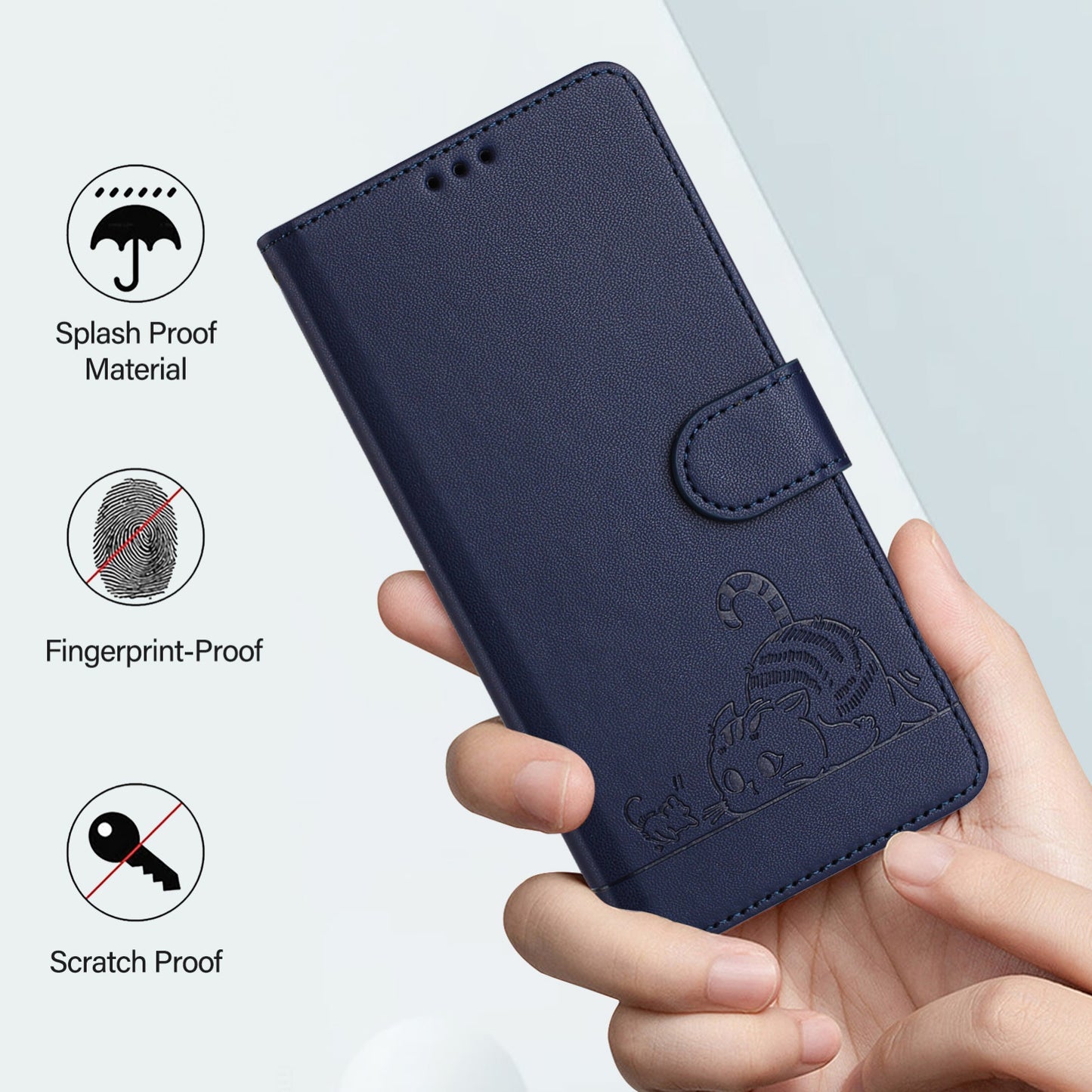 OPPO A77 5G Cat and Mouse Embossed PU Leather RFID Case with Wallet Slots, Anti-Fall Protection, Kickstand, and Lanyard-buycases.co.uk