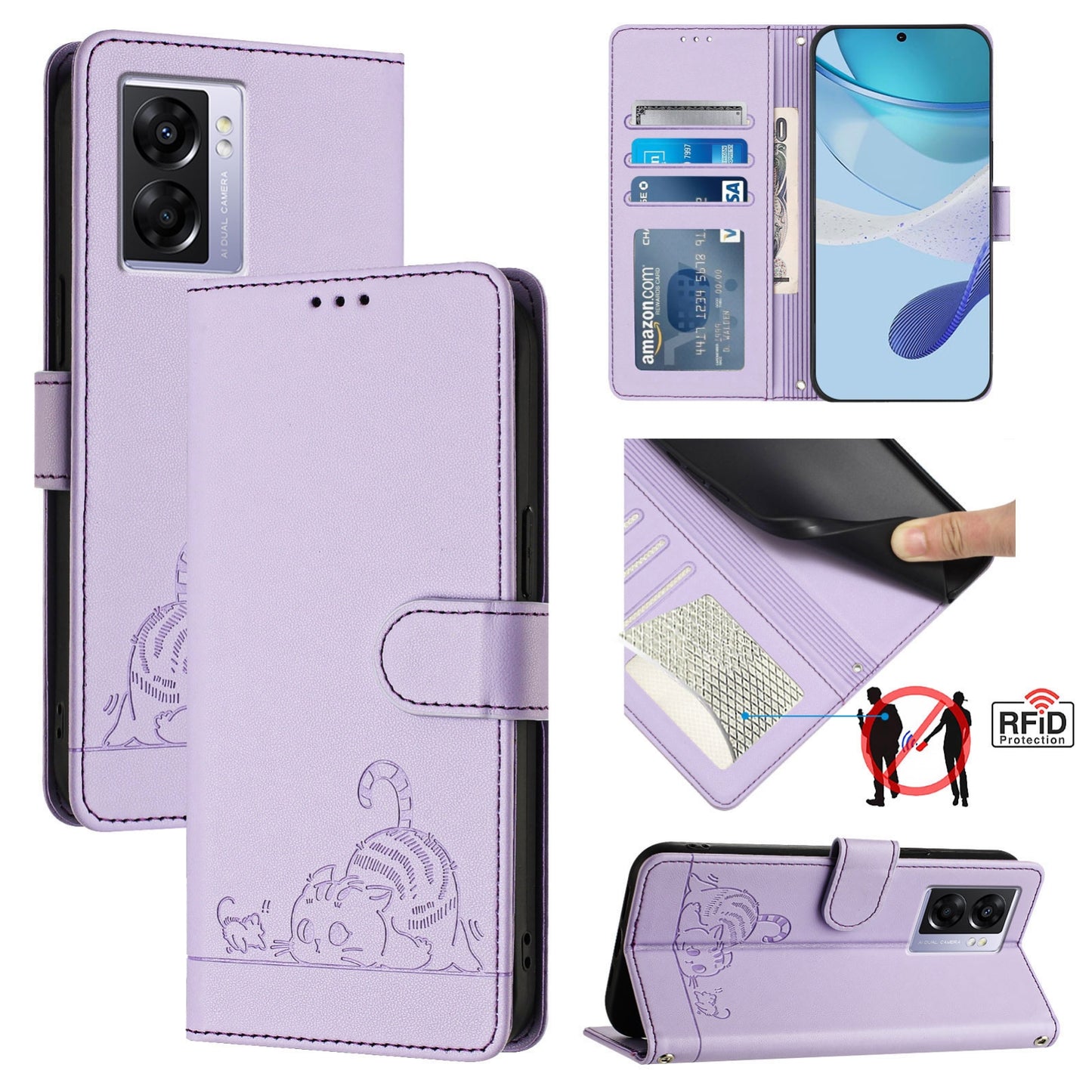 OPPO A77 5G Cat and Mouse Embossed PU Leather RFID Case with Wallet Slots, Anti-Fall Protection, Kickstand, and Lanyard-buycases.co.uk