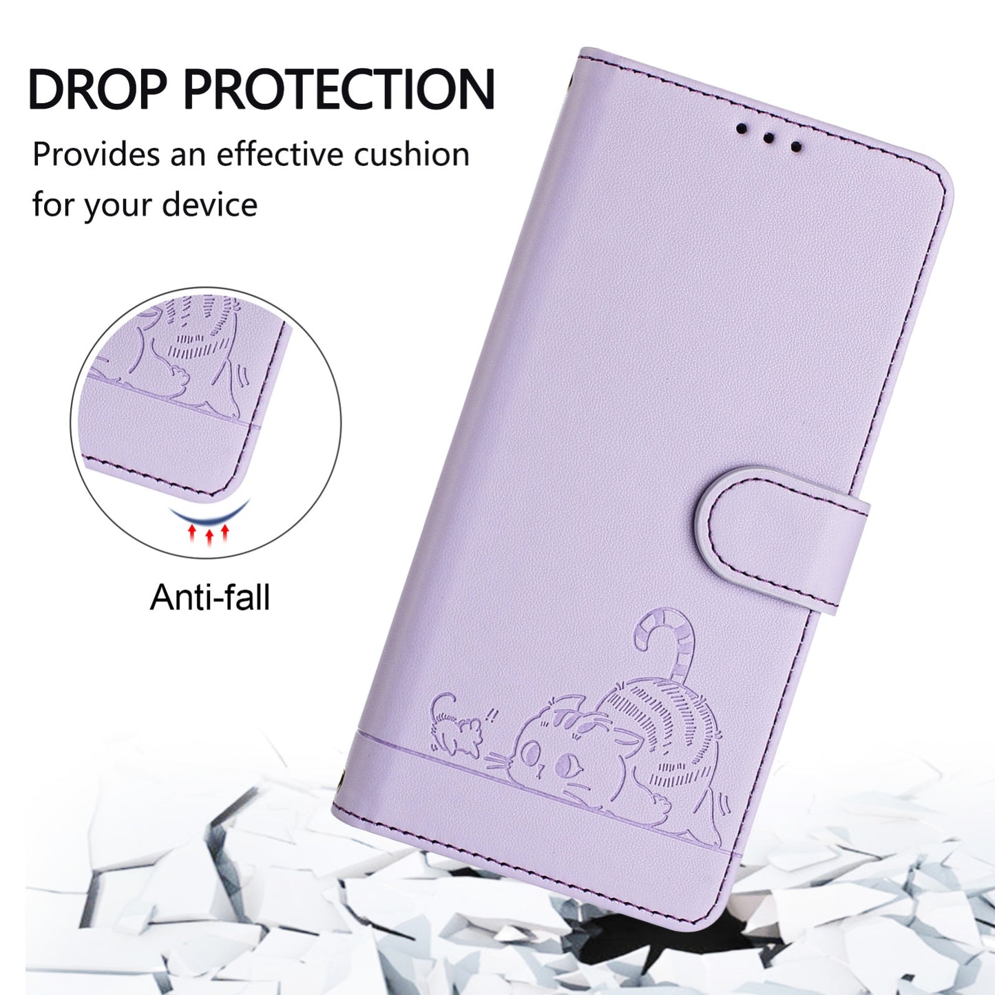OPPO A77 5G Cat and Mouse Embossed PU Leather RFID Case with Wallet Slots, Anti-Fall Protection, Kickstand, and Lanyard-buycases.co.uk