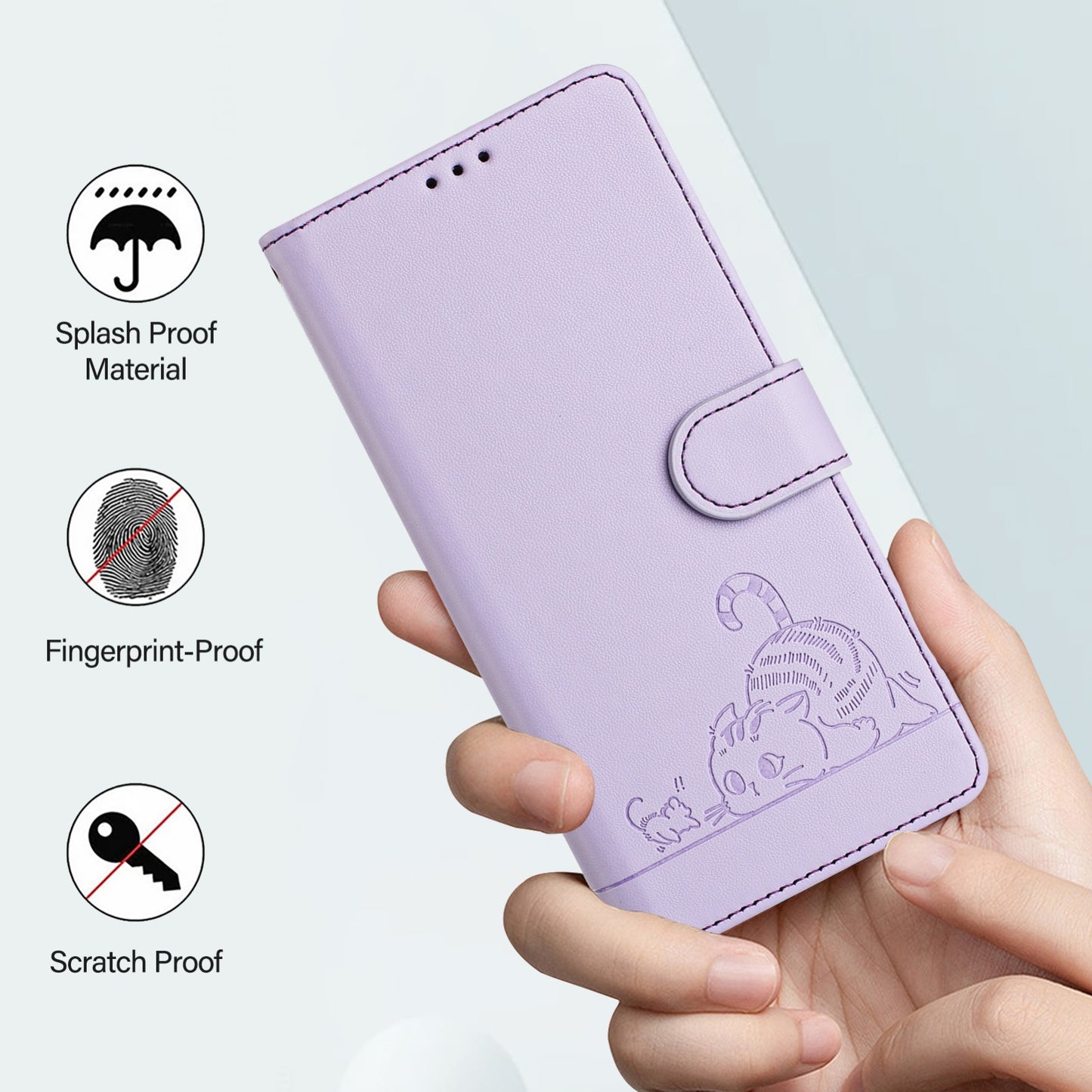 OPPO A77 5G Cat and Mouse Embossed PU Leather RFID Case with Wallet Slots, Anti-Fall Protection, Kickstand, and Lanyard-buycases.co.uk