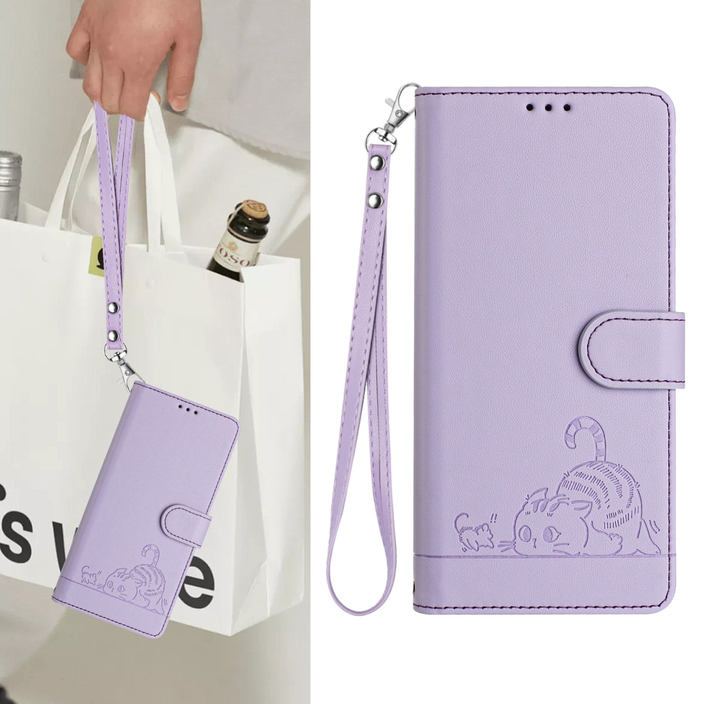 OPPO A33 2020 4G Cat and Mouse Embossed PU Leather RFID Case with Wallet Slots, Anti-Fall Protection, Kickstand, and Lanyard-buycases.co.uk