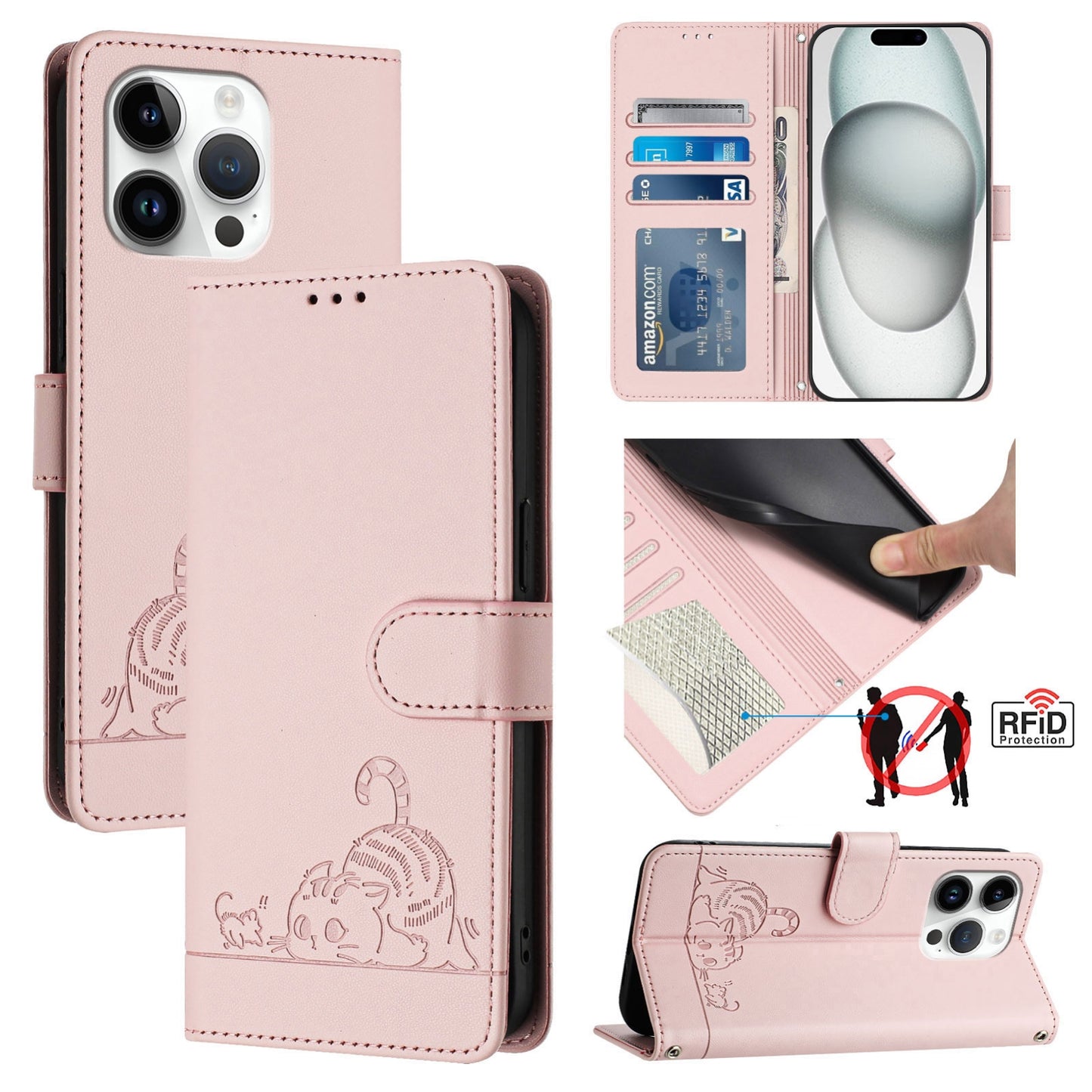 iPhone 13 Pro Cat and Mouse Embossed PU Leather RFID Case with Wallet Slots, Anti-Fall Protection, Kickstand, and Lanyard-buycases.co.uk