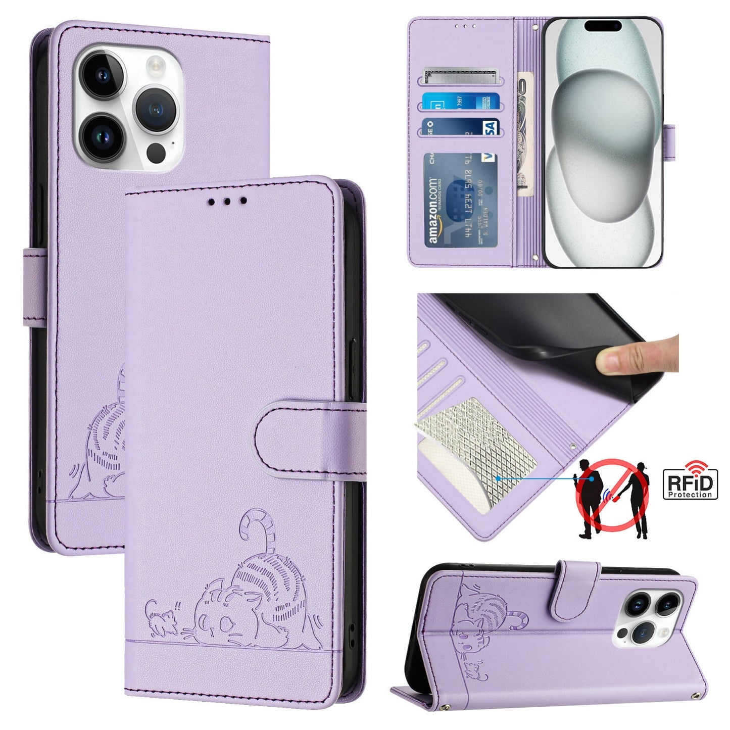 iPhone 13 Pro Cat and Mouse Embossed PU Leather RFID Case with Wallet Slots, Anti-Fall Protection, Kickstand, and Lanyard-buycases.co.uk