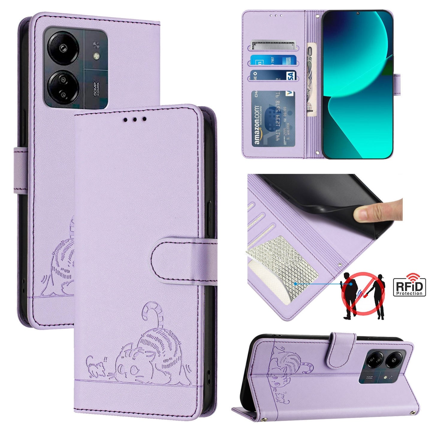 Xiaomi Redmi 13C 4G Global Cat and Mouse Embossed PU Leather RFID Case with Wallet Slots, Anti-Fall Protection, Kickstand, and Lanyard-buycases.co.uk