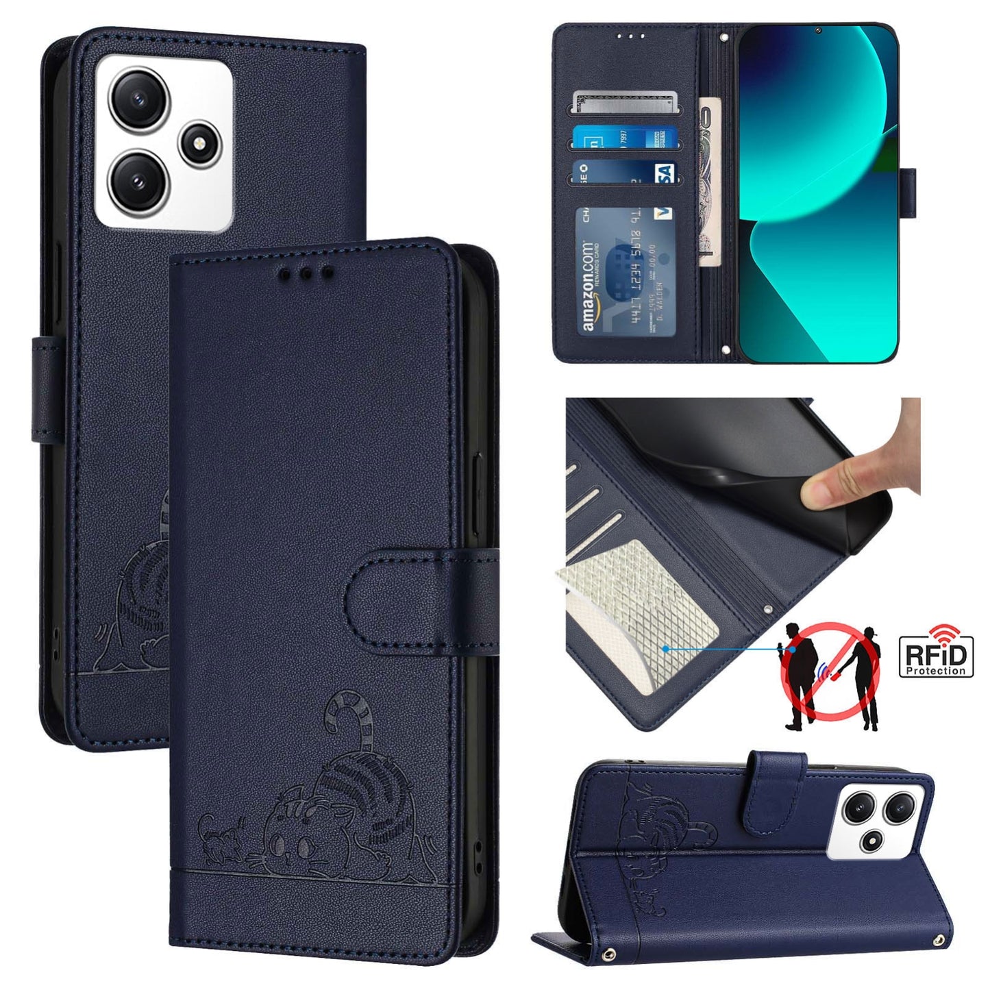 Xiaomi Redmi 12 5G Global Cat and Mouse Embossed PU Leather RFID Case with Wallet Slots, Anti-Fall Protection, Kickstand, and Lanyard-buycases.co.uk