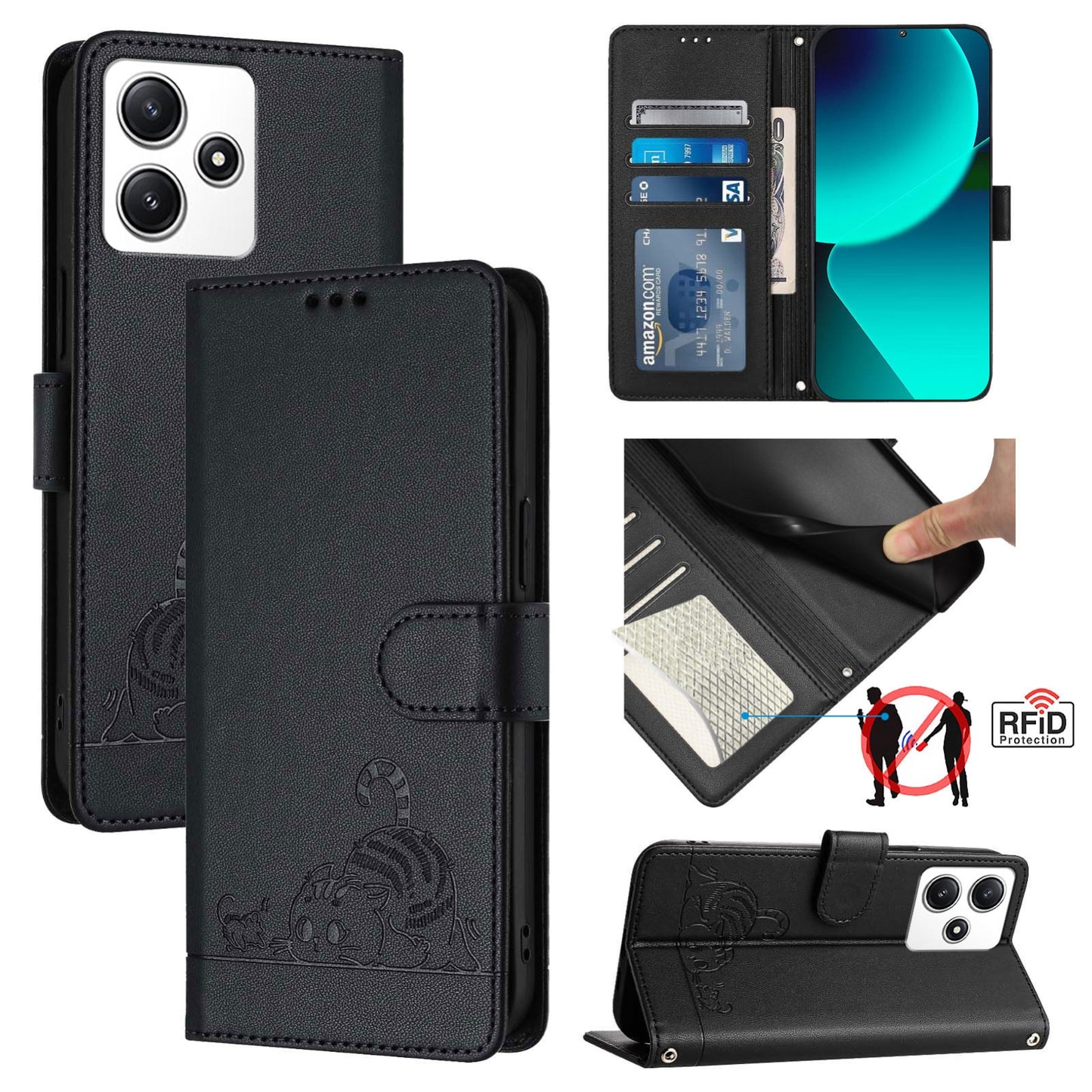 Xiaomi Redmi 12 4G India Cat and Mouse Embossed PU Leather RFID Case with Wallet Slots, Anti-Fall Protection, Kickstand, and Lanyard-buycases.co.uk