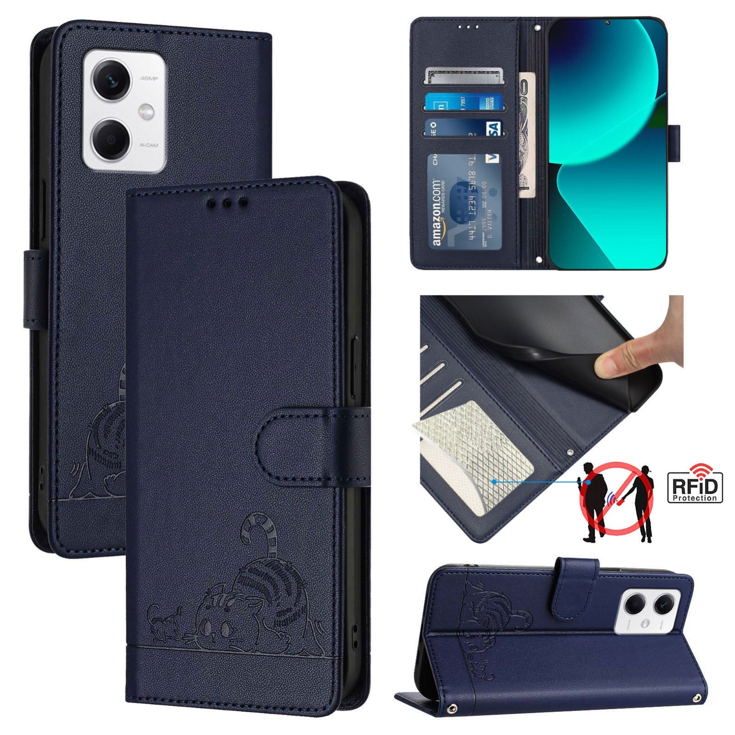 Xiaomi Redmi Note 12 5G Global Cat and Mouse Embossed PU Leather RFID Case with Wallet Slots, Anti-Fall Protection, Kickstand, and Lanyard-buycases.co.uk