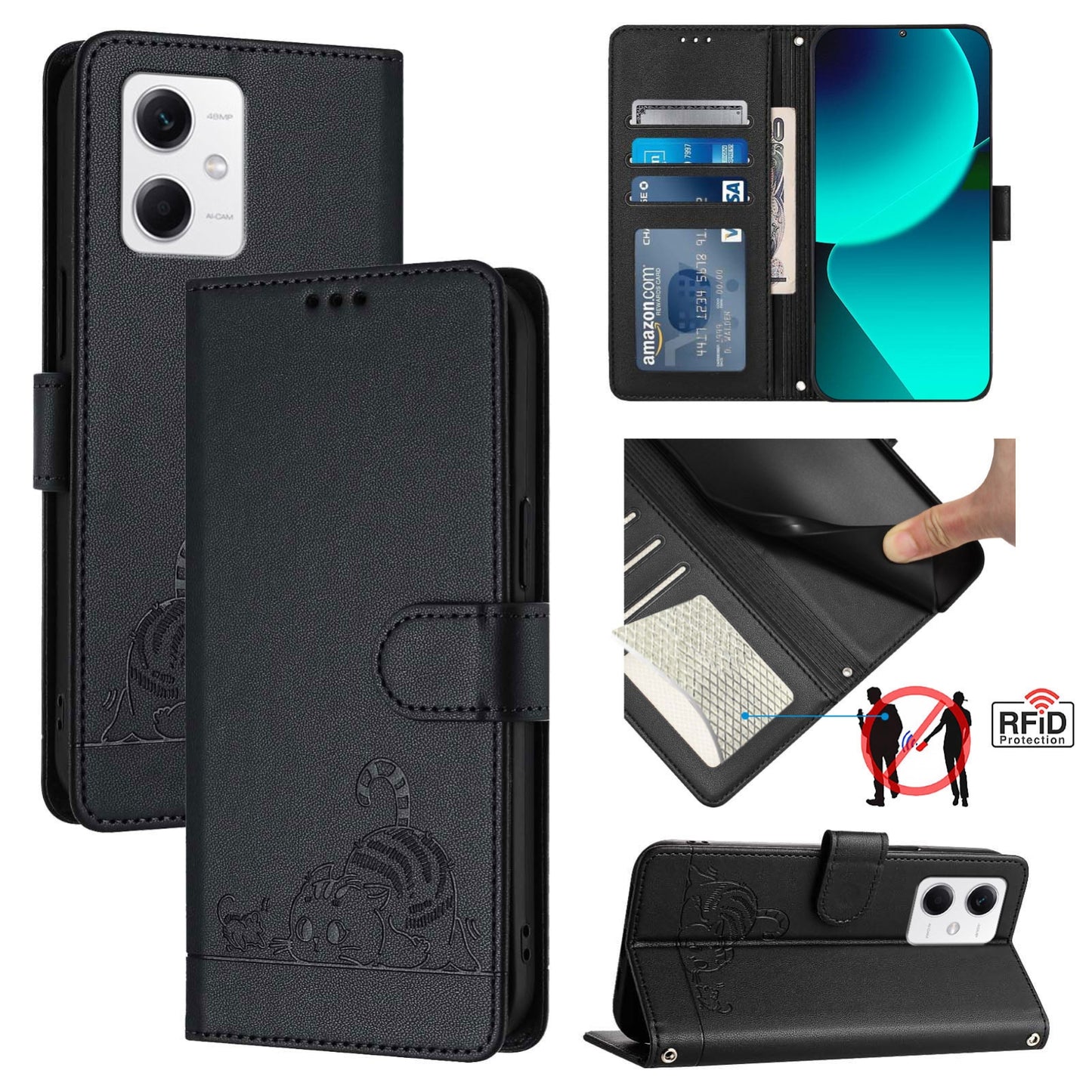 Xiaomi POCO X5 Cat and Mouse Embossed PU Leather RFID Case with Wallet Slots, Anti-Fall Protection, Kickstand, and Lanyard-buycases.co.uk