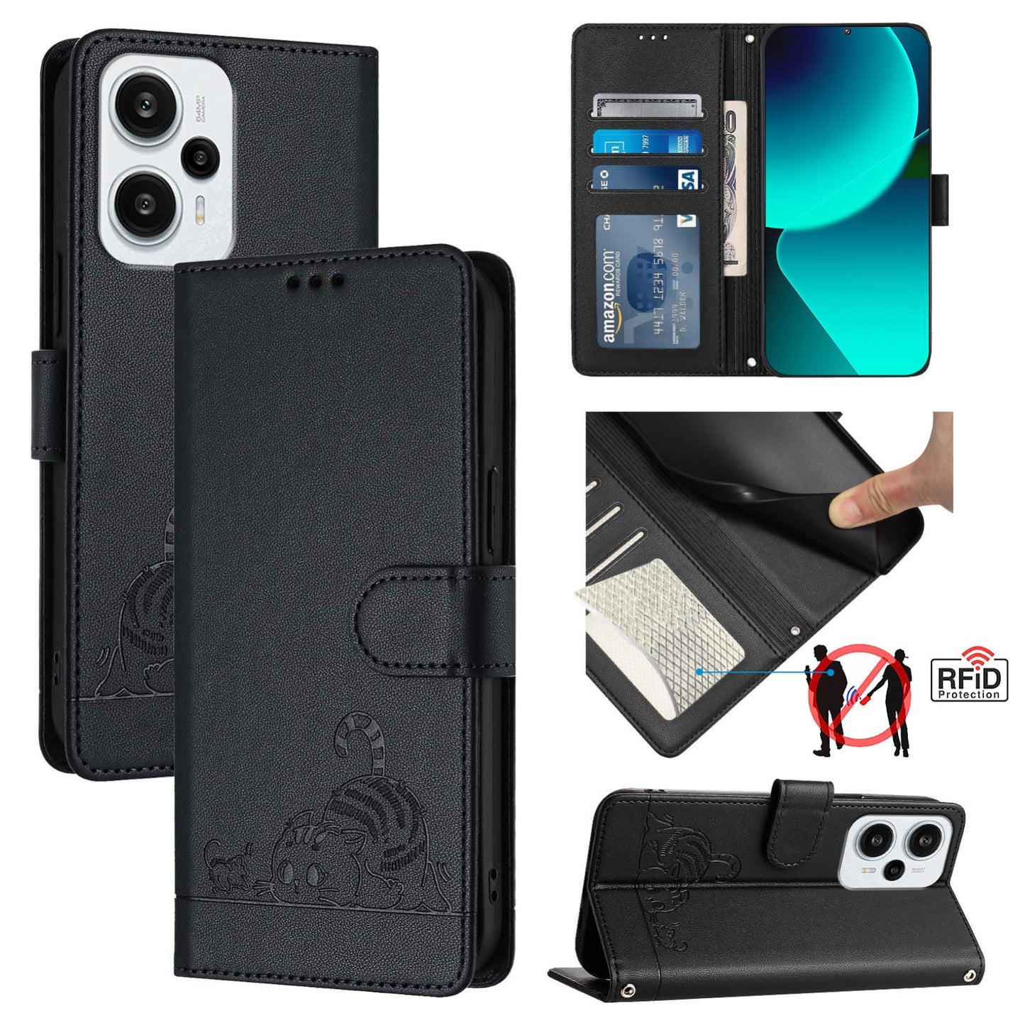 Xiaomi Redmi Note 12 Turbo 5G Cat and Mouse Embossed PU Leather RFID Case with Wallet Slots, Anti-Fall Protection, Kickstand, and Lanyard-buycases.co.uk
