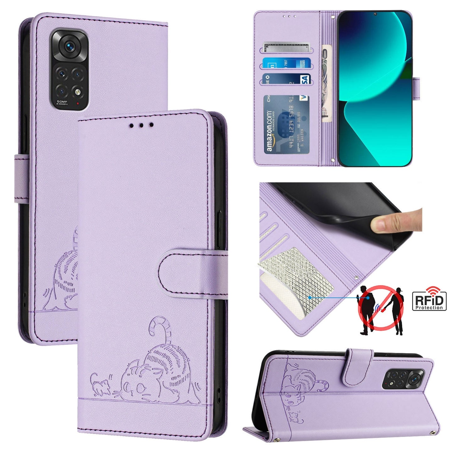 Xiaomi Redmi Note 11 4G Global Cat and Mouse Embossed PU Leather RFID Case with Wallet Slots, Anti-Fall Protection, Kickstand, and Lanyard-buycases.co.uk