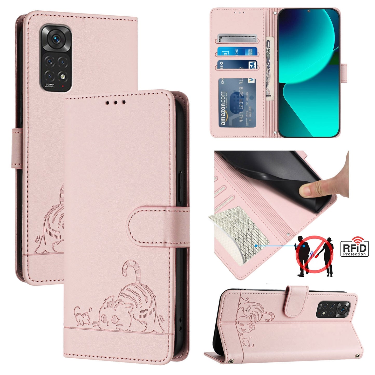 Xiaomi Redmi Note 12S 4G Global Cat and Mouse Embossed PU Leather RFID Case with Wallet Slots, Anti-Fall Protection, Kickstand, and Lanyard-buycases.co.uk