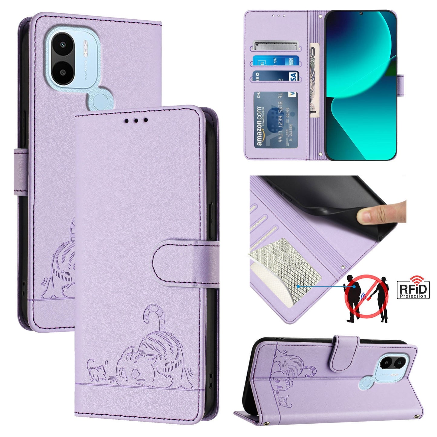 Xiaomi Redmi A2+ Cat and Mouse Embossed PU Leather RFID Case with Wallet Slots, Anti-Fall Protection, Kickstand, and Lanyard-buycases.co.uk