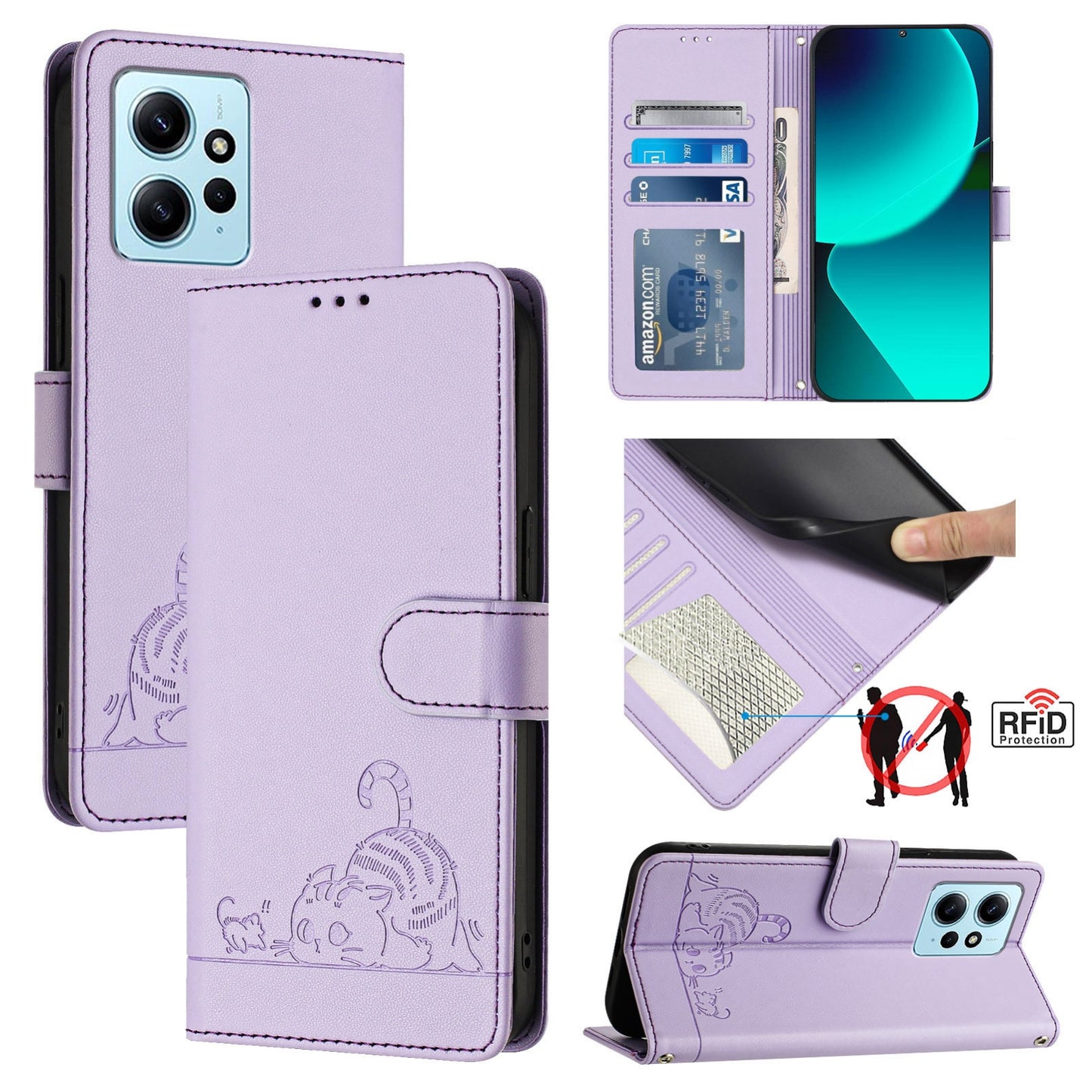 Xiaomi Redmi Note 12 4G Global Cat and Mouse Embossed PU Leather RFID Case with Wallet Slots, Anti-Fall Protection, Kickstand, and Lanyard-buycases.co.uk