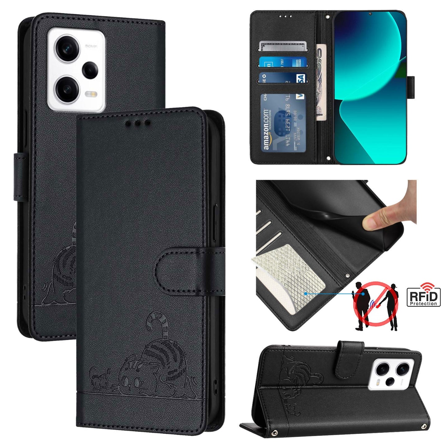 Xiaomi Redmi Note 12 Pro Speed Cat and Mouse Embossed PU Leather RFID Case with Wallet Slots, Anti-Fall Protection, Kickstand, and Lanyard-buycases.co.uk