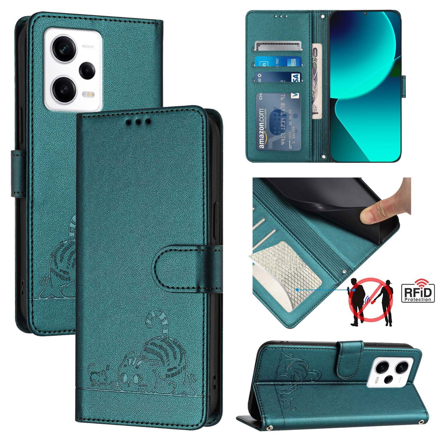 Xiaomi POCO X5 Pro Cat and Mouse Embossed PU Leather RFID Case with Wallet Slots, Anti-Fall Protection, Kickstand, and Lanyard-buycases.co.uk