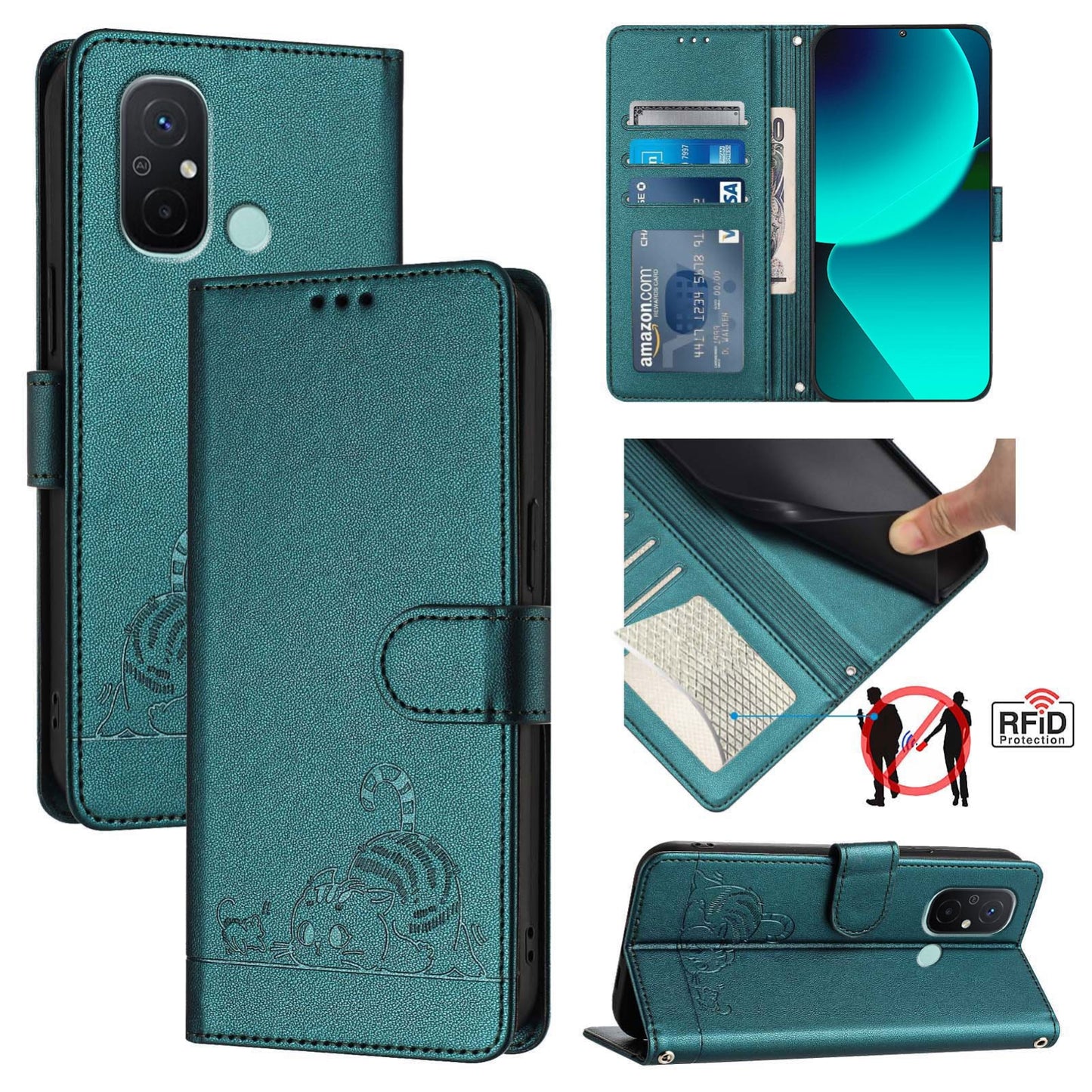 Xiaomi Redmi 12C Cat and Mouse Embossed PU Leather RFID Case with Wallet Slots, Anti-Fall Protection, Kickstand, and Lanyard-buycases.co.uk