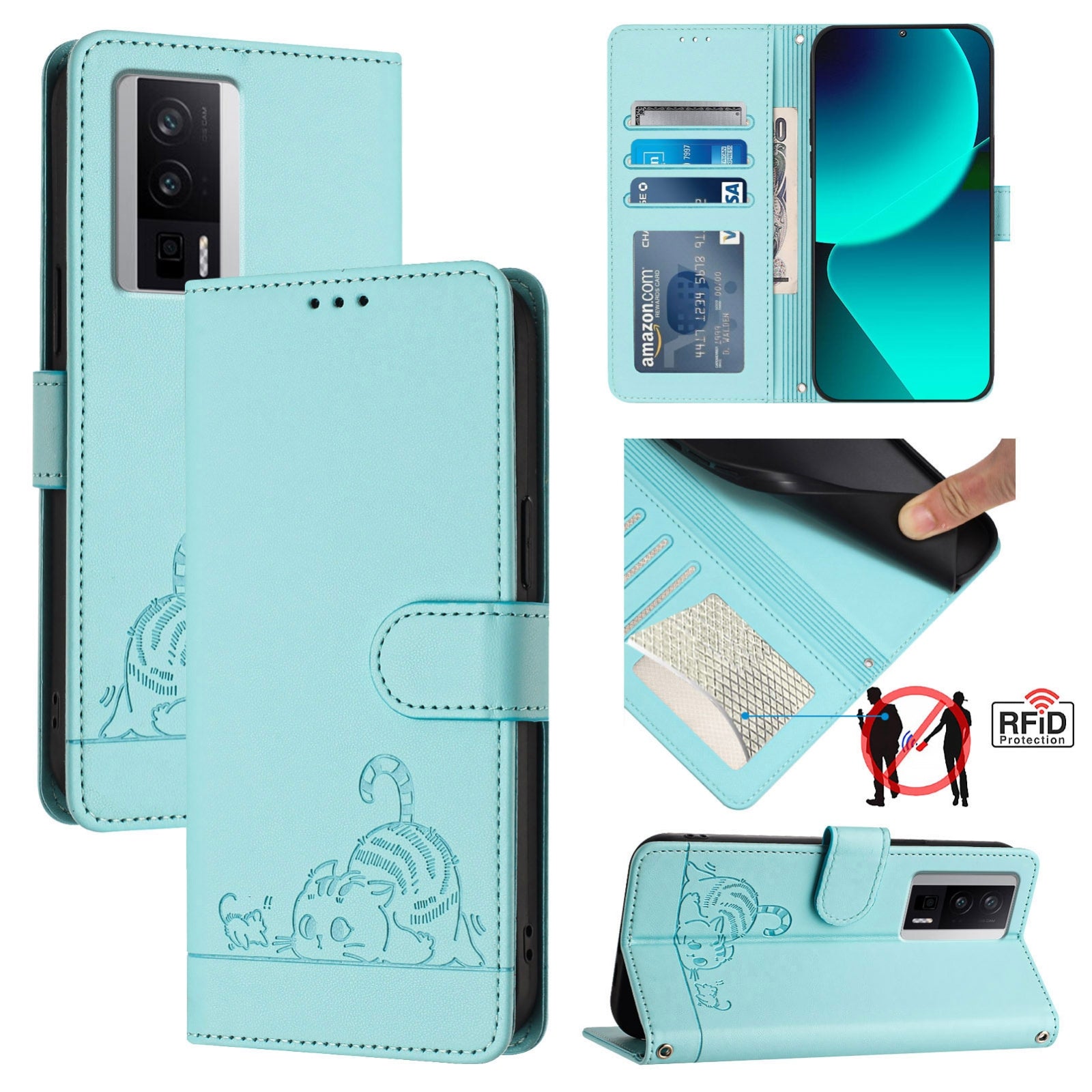 Xiaomi Redmi K60 Pro Cat and Mouse Embossed PU Leather RFID Case with Wallet Slots, Anti-Fall Protection, Kickstand, and Lanyard-buycases.co.uk