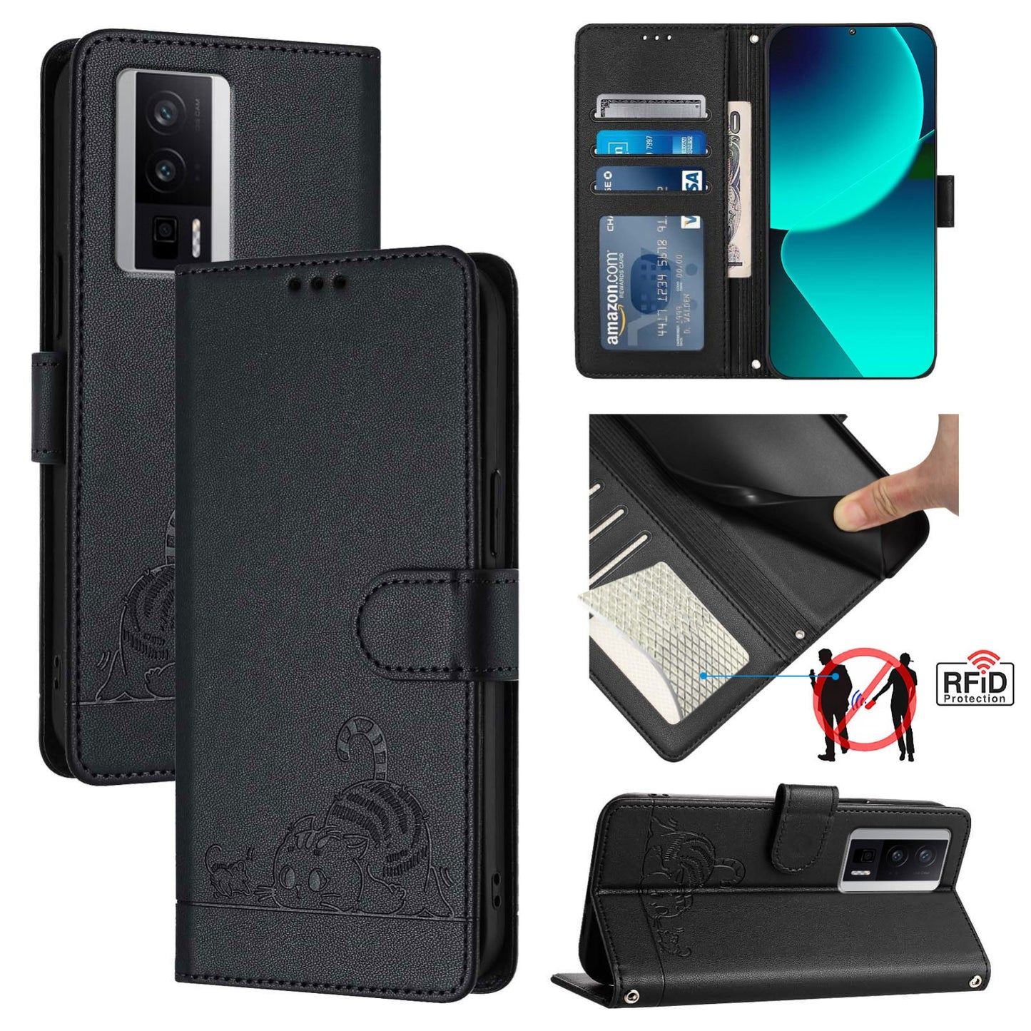Xiaomi Redmi K60 Cat and Mouse Embossed PU Leather RFID Case with Wallet Slots, Anti-Fall Protection, Kickstand, and Lanyard-buycases.co.uk