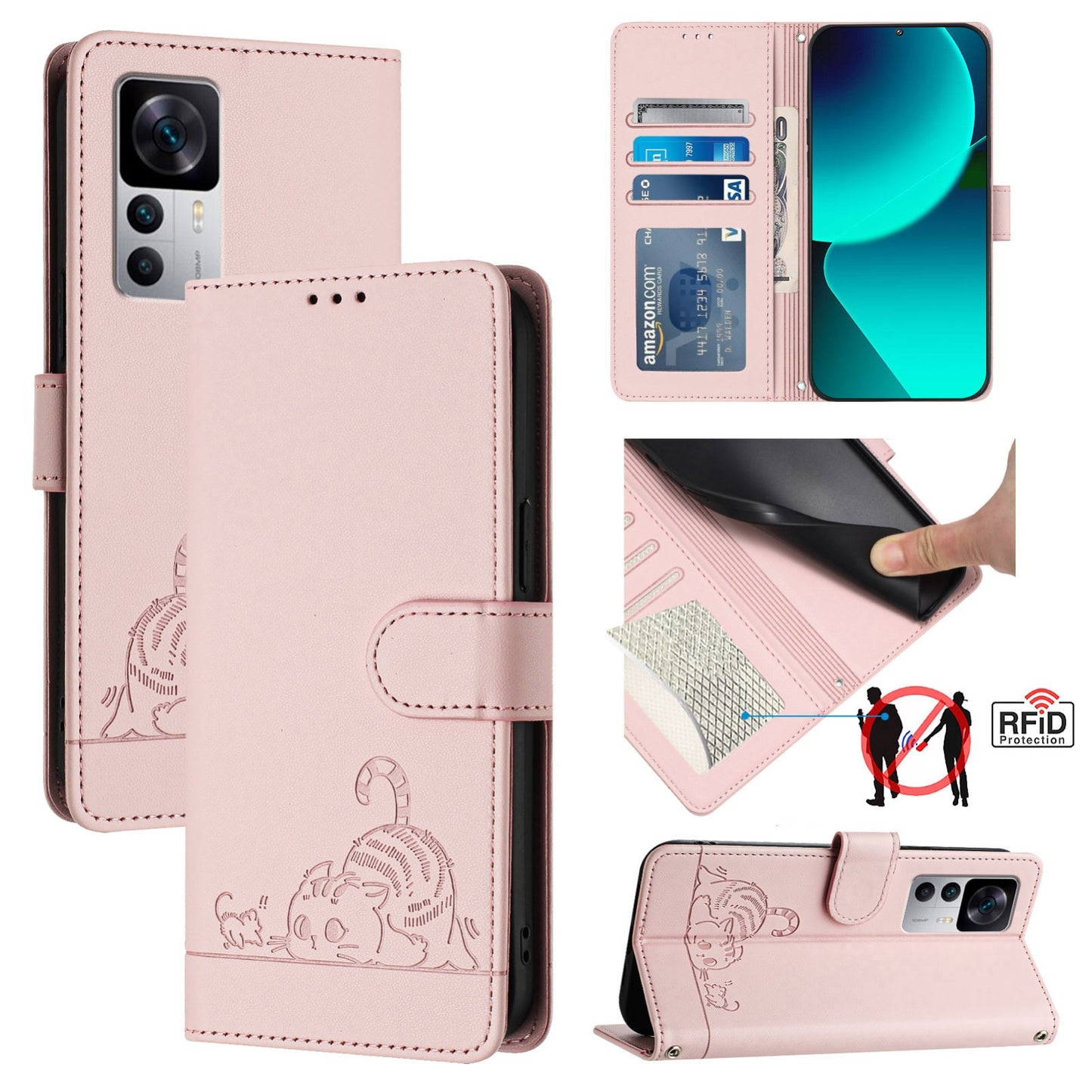 Xiaomi Redmi K50 Ultra Cat and Mouse Embossed PU Leather RFID Case with Wallet Slots, Anti-Fall Protection, Kickstand, and Lanyard-buycases.co.uk
