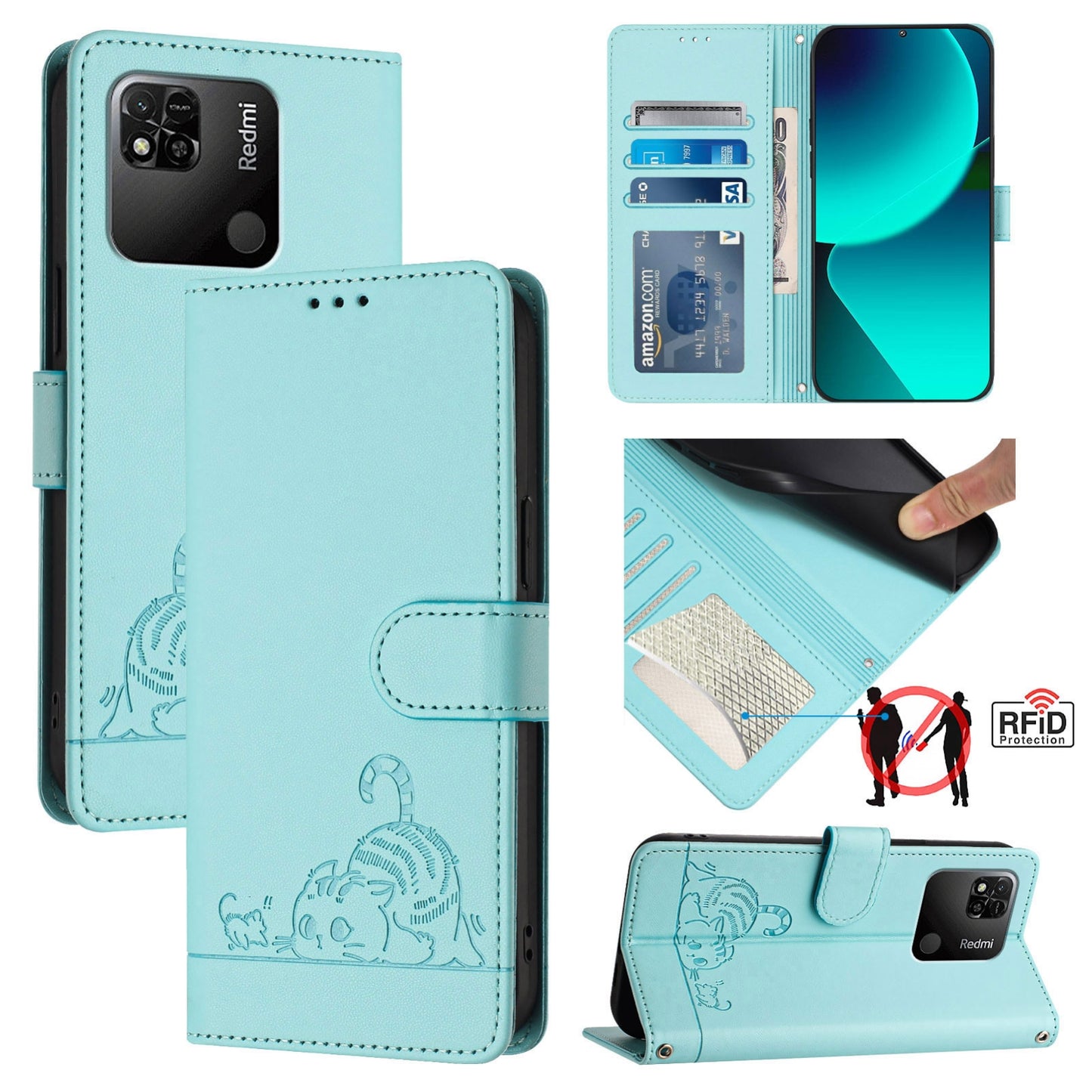 Xiaomi Redmi 10A Cat and Mouse Embossed PU Leather RFID Case with Wallet Slots, Anti-Fall Protection, Kickstand, and Lanyard-buycases.co.uk