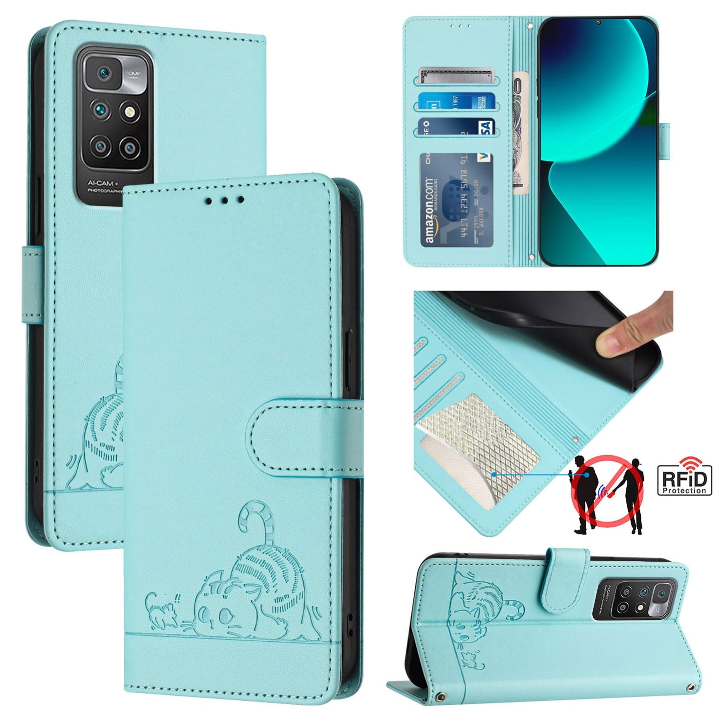 Xiaomi Redmi 10 4G 2021 Global Cat and Mouse Embossed PU Leather RFID Case with Wallet Slots, Anti-Fall Protection, Kickstand, and Lanyard-buycases.co.uk