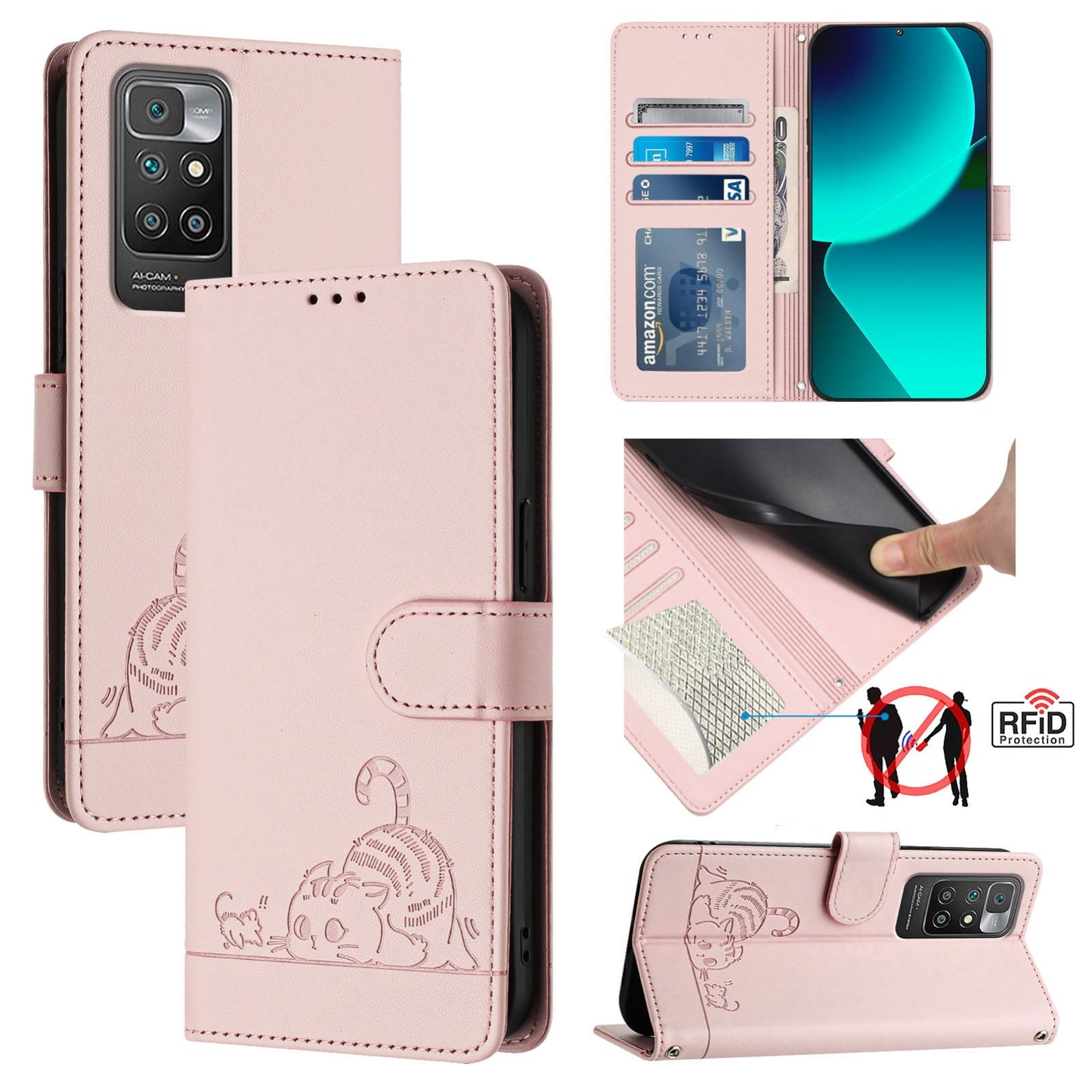 Xiaomi Redmi 10 4G 2021 Global Cat and Mouse Embossed PU Leather RFID Case with Wallet Slots, Anti-Fall Protection, Kickstand, and Lanyard-buycases.co.uk