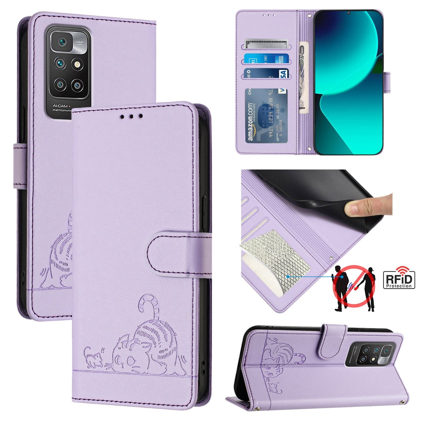 Xiaomi Redmi 10 2022 Global Cat and Mouse Embossed PU Leather RFID Case with Wallet Slots, Anti-Fall Protection, Kickstand, and Lanyard-buycases.co.uk