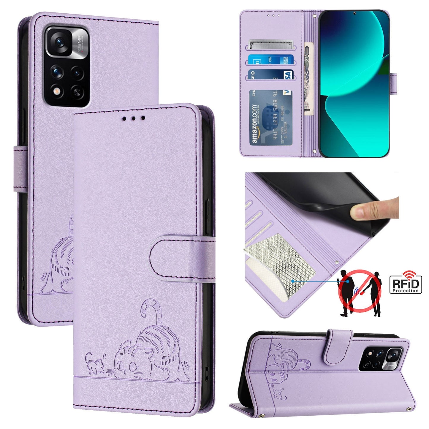 Xiaomi Redmi Note 11 Pro+ 5G EU Version Cat and Mouse Embossed PU Leather RFID Case with Wallet Slots, Anti-Fall Protection, Kickstand, and Lanyard-buycases.co.uk