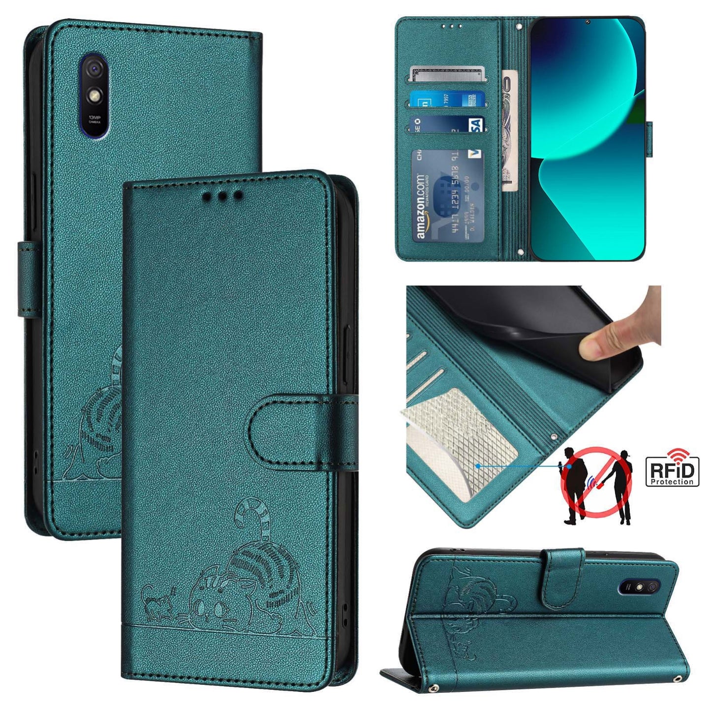 Xiaomi Redmi 9A Cat and Mouse Embossed PU Leather RFID Case with Wallet Slots, Anti-Fall Protection, Kickstand, and Lanyard-buycases.co.uk