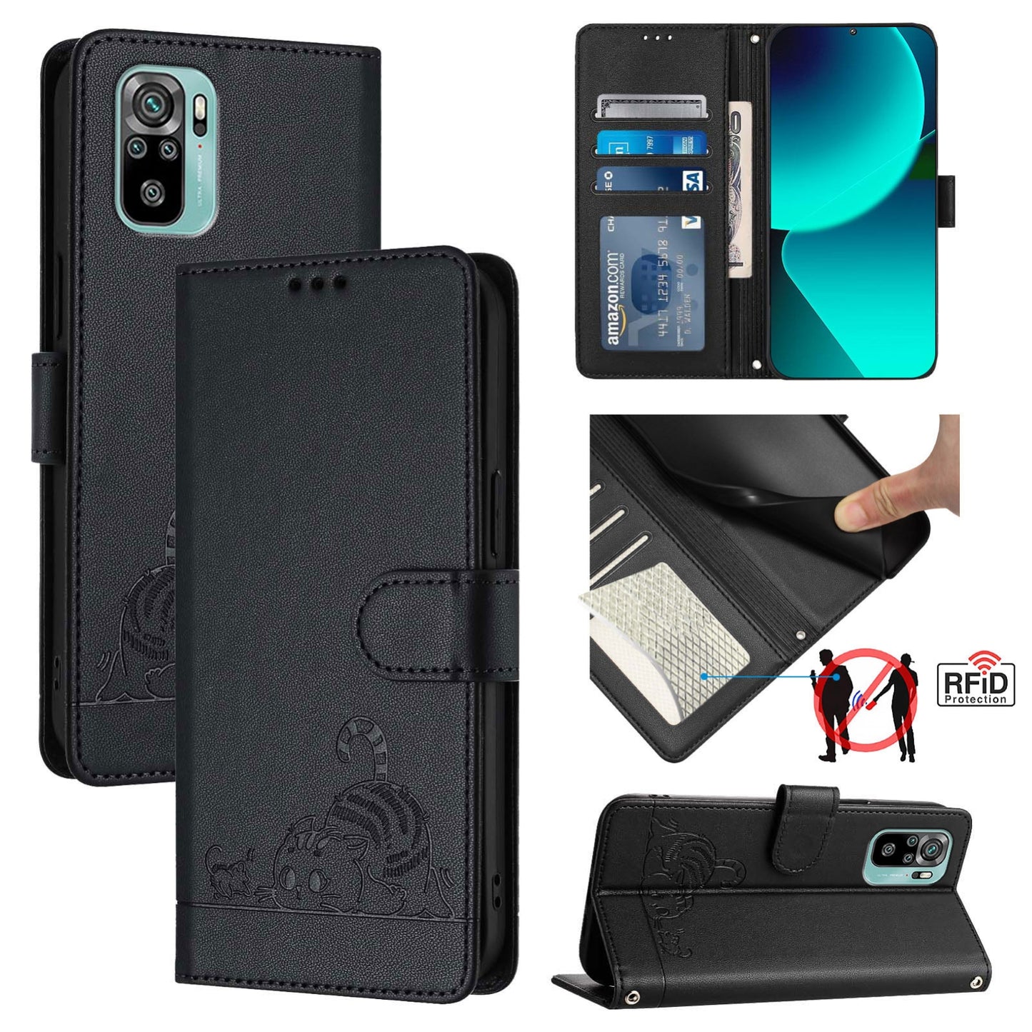 Xiaomi Redmi Note 10s 4G Cat and Mouse Embossed PU Leather RFID Case with Wallet Slots, Anti-Fall Protection, Kickstand, and Lanyard-buycases.co.uk